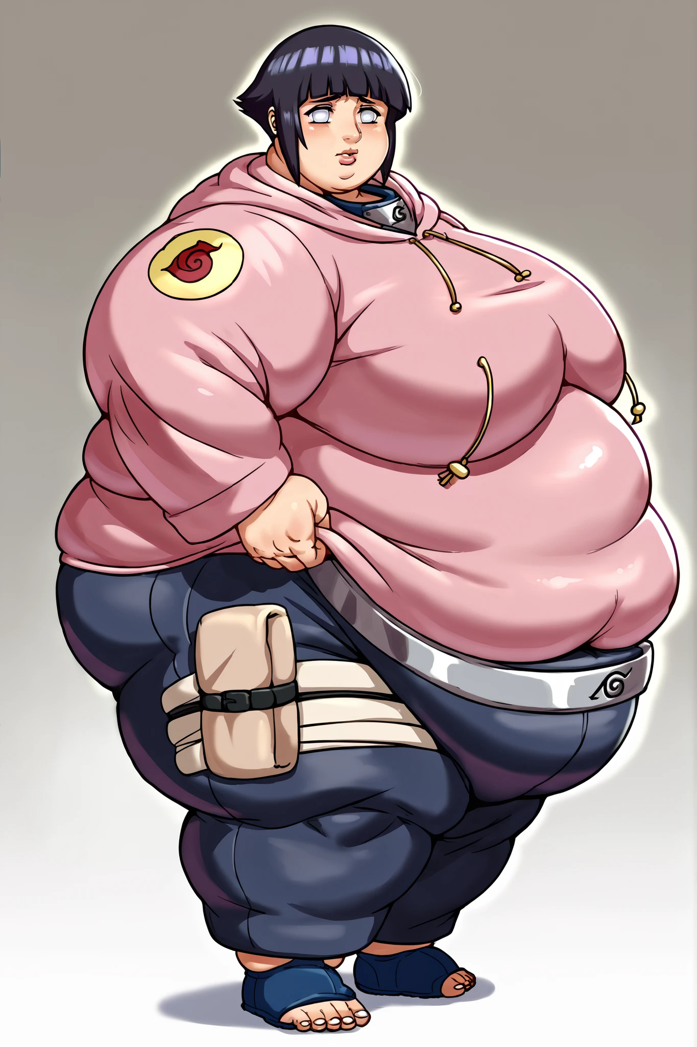 score_9, score_8_up, score_7_up, anime screencap BREAK,
1girl, hyuuga hinata, short hair, black hair, no pupils, blunt bangs, shiny hair, white eyes, hoodie, hood down, long sleeves, capri pants, forehead protector, standing, milf, mature, standing, giant hands, giant feet, fat, chubby, obese, gigantic arms and legs, gigantic breasts, sagging breasts, full body shot, fat face, chubby face, double chins, big lips, side view