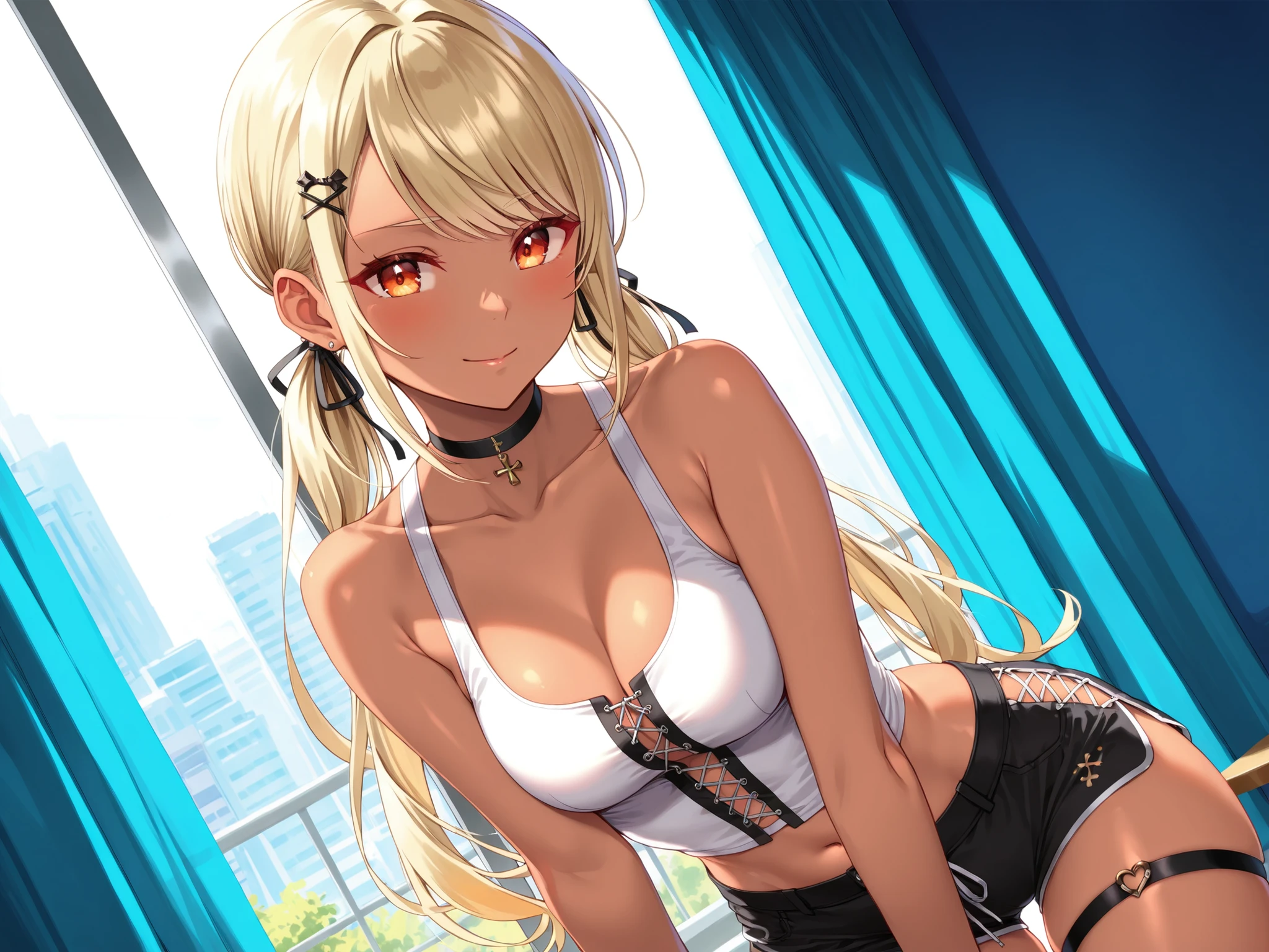 (masterpiece, best quality), 1girl, Miss, Tall, Fit, Square Face, Dark Skin, blonde Hair, pink Eyes, Straight Nose, full Lips, Receding Chin, Long Hair, Wavy Hair, gyaru hair, highlights in hair, full breasts, earrings, lipstick, gyaru, tight panties, bra, nice hips, indoors, (vibrant colors), public indecency,