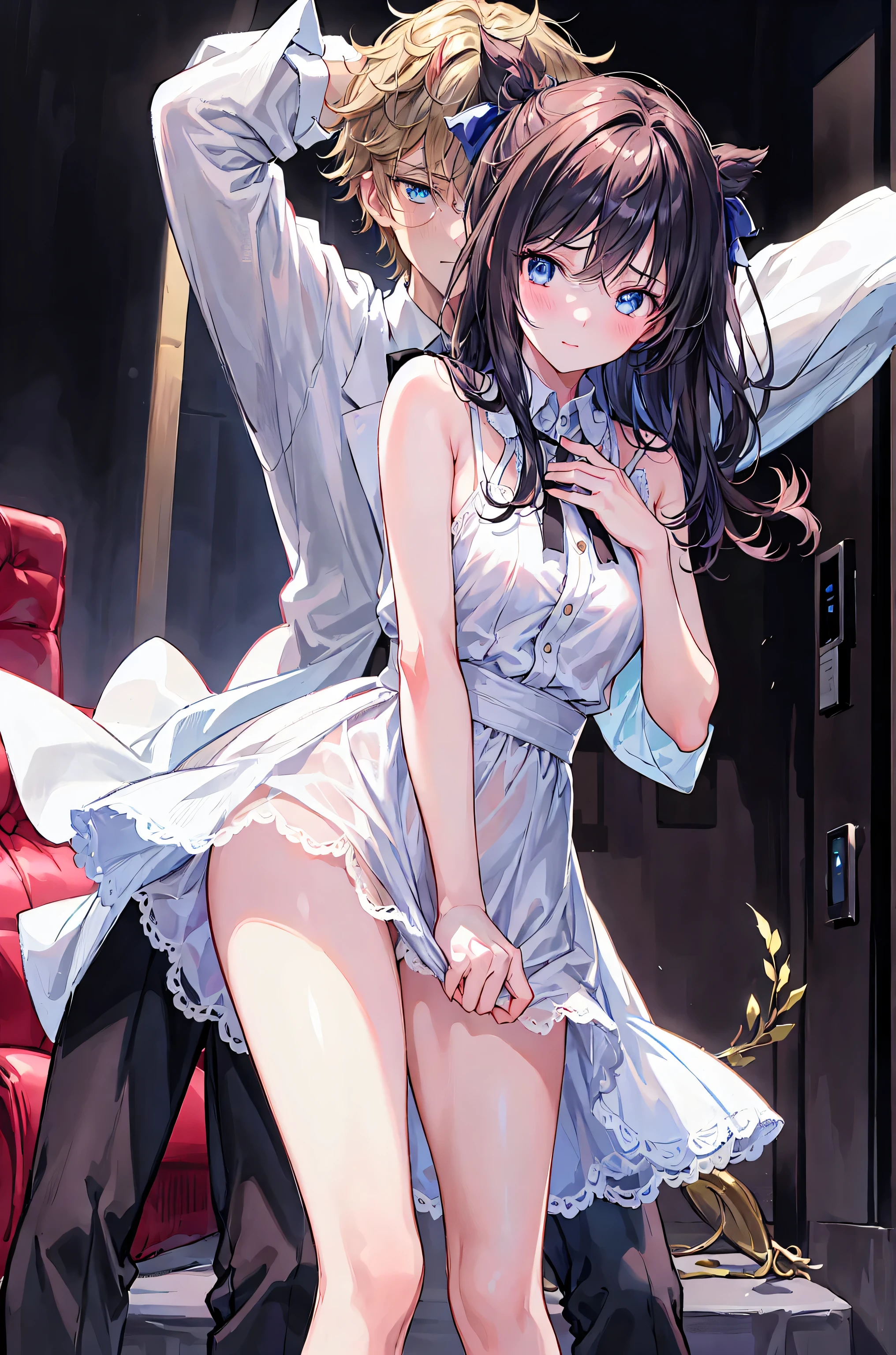 Summer Sea、a 、White transparent pachinko swimsuit、Hugging her from behind、Handsome man talking in his ear、((1 Boy's blue eyes and brown hair))lifting her、40k、a picture、masterpiece、top-quality、(1 The girl's red eyes and black hair are、quickly curled up with open legs,,,)、An elderly man leans on her from behind and picks her up、roll up eyes、put out the tongue、With tongue、Crazy、Opening Mouth、shout out、AHE Face、Rough breathing、red blush、perspiring、teats、insertion