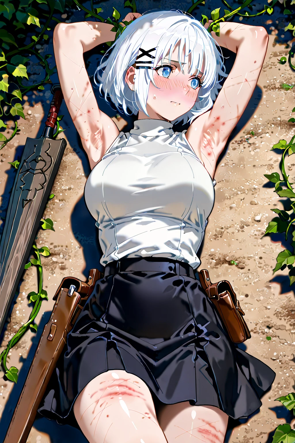 ((Highest quality)), ((masterpiece)), (Familiar), Perfect Face, (High resolution), (Best Shadow), 8k, Cinematic, (Realistic:1.4),dramatic, Fascinating, (((Perfect Anatomy)))、(((Anatomically correct)))、 Putting both arms behind the head、（Spread-legged squat pose）,Refers to 5 books、Clench your fist、 (Pure white skin:1.1), Muscular and voluptuous body,Realistic big breasts、Big Ass、Wide hips、Sweaty、(((A brand new plain white tank top that was see-through from sweat)))、(((Plain white high leg panties transparent with sweat)))、(((Plain white high leg panties transparent with sweat)))、((Dark blonde))、((blue eyes))、(An innocently triumphant look、smile of victory)、((The background is forest and grass.))、A shabby grave in an old abandoned building in Japan、 (((Only one gravestone、Very poor、very old))),(((((An old, small, unassuming, square Japanese-style grave、Moss-covered)))))、(((Soil ground))), (sunny:1.4), ((The wide, blue sky of midsummer))、((Record heatwave))、((Erect large nipples))、（(Attractive large areola)）、(((16 years old)))、((((((Cheap, worn-out white ladies running shoes))))、(((((Raise your chin and look up)))))、(((White ankle socks)))、(((((Brutally destroying a headstone next to a young woman at knee height)))))、(((((All the gravestones are small, shabby and badly destroyed.、very old)))))、