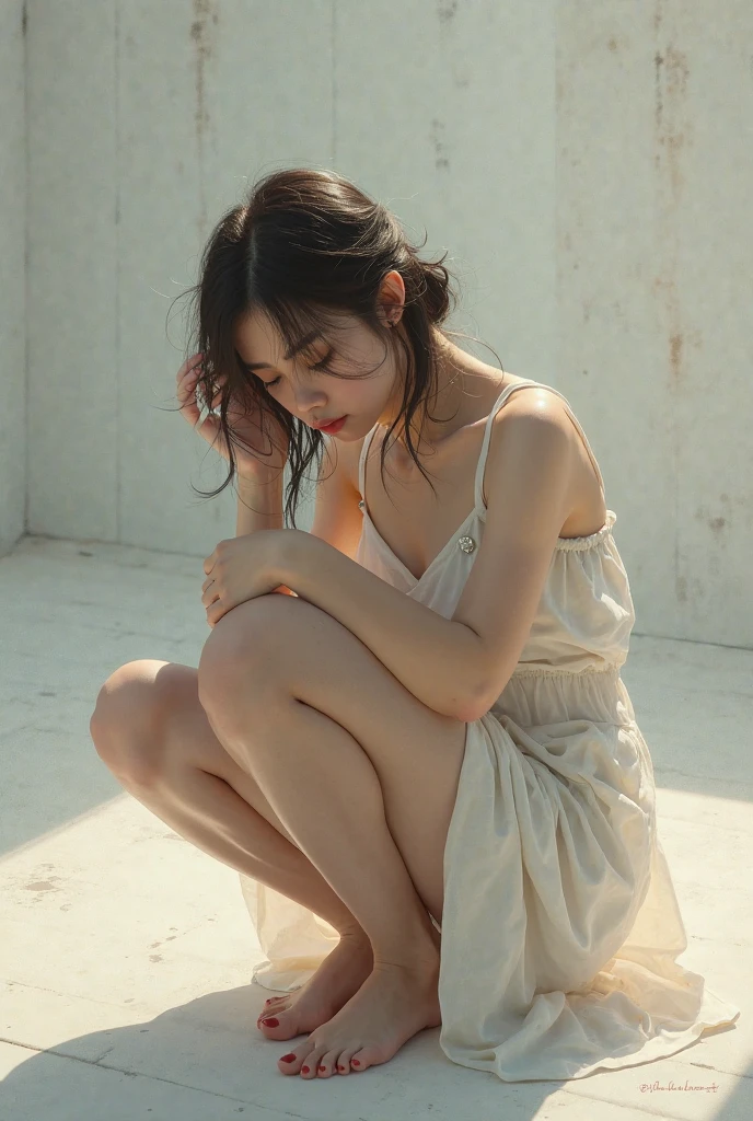 Highest image quality、Masterpiece level、Ultra-high sharpness、Fidelity 1.4，photoshoot，A girl appears[（grieves）]，In a white blouse shirt，The scene is dim、darkly，Present despair、pitying、Feeling of pity，Squat on the ground。Like a movie，With tears，There are tears on the face。There are tears on the clothes（Weight 1.5），drenched clothes（Weight 1.4）and bare shoulders。It's really raining，The hair is soaked。