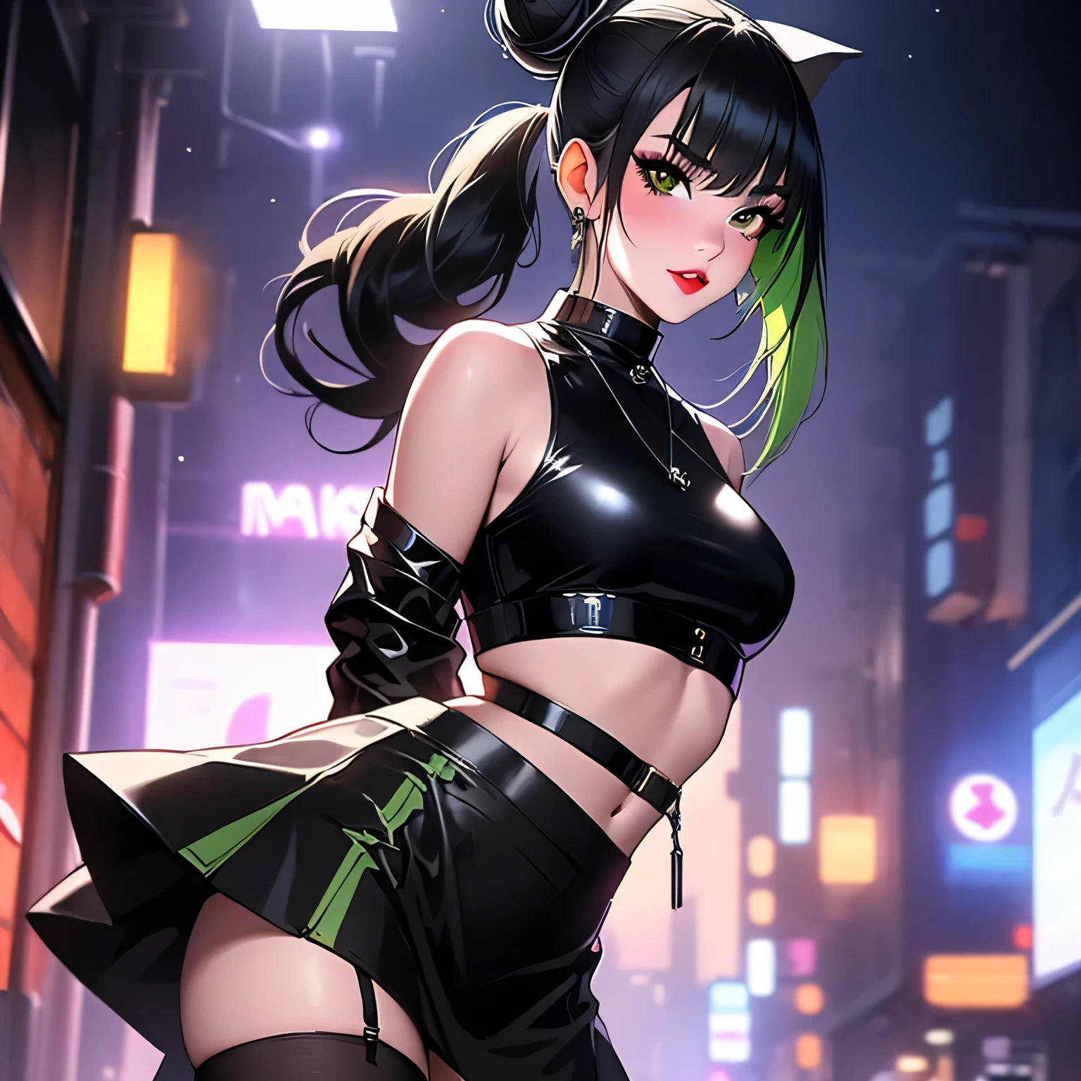 One woman, 22 years old mature alluring japanese gal, alluring face, bad girl look, cool girl, confident smile, Japanese gal, heterochromia eyes , (wearing long black leather jacket with net crop top and A-line skirt, black net stockings), flat chested, (slender petite body), ((space bun hair with green extensions and full set of bangs)), (Her makeup is bold and edgy—dark eyeliner, defined lashes, and a subtle blush),winged eyeliner, pretty almond eyes, pretty, puffy beautiful big lips, heart and cupid shaped lip, beautiful skin, piel blanca, dots on her face, slender body, looking at the camera, autophoto, double eyelid, alluring face, (standing up position), straight soft and gently arched with a slight downward tail eye brows, studio quality, 8k resolution, high quality, Masterpiece, High definition, Ultra-detailed, extremely detailed CG unity 8k wallpaper, intricate details, white background