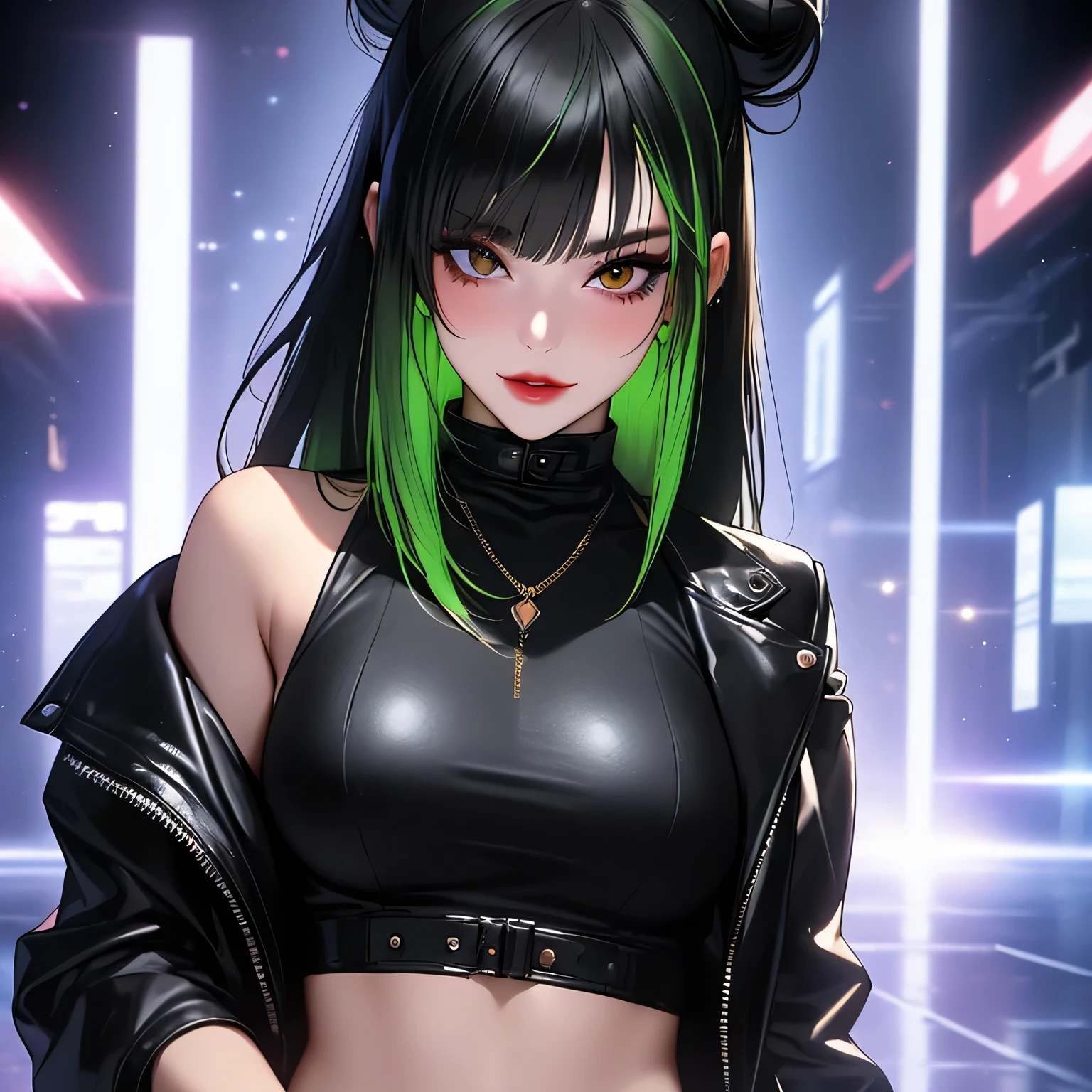 One woman, 22 years old mature alluring japanese gal, alluring face, bad girl look, cool girl, confident smile, Japanese gal, heterochromia eyes , (wearing long black leather jacket with A-line skirt, black net stockings), flat chested, (slender petite body), ((space bun hair with green extensions and full set of bangs)), (Her makeup is bold and edgy—dark eyeliner, defined lashes, and a subtle blush),winged eyeliner, pretty almond eyes, pretty, puffy beautiful big lips, heart and cupid shaped lip, beautiful skin, piel blanca, dots on her face, slender body, looking at the camera, autophoto, double eyelid, alluring face, (standing up position), straight soft and gently arched with a slight downward tail eye brows, studio quality, 8k resolution, high quality, Masterpiece, High definition, Ultra-detailed, extremely detailed CG unity 8k wallpaper, intricate details, white background