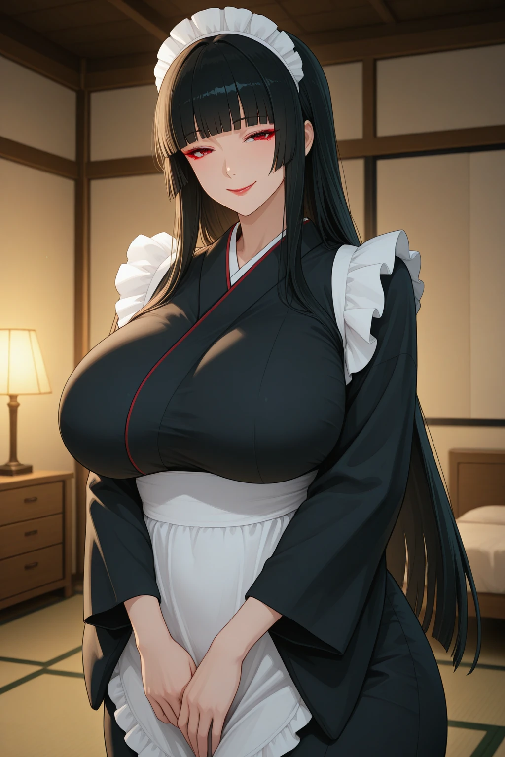 nsfw, masterpiece, extra limbs, 1japanese house wife, 38 years old, black extra long hair pubic hair, huge breasts large areolas black nipples, dark areolae plump beautiful breasts, (((smile))), blouse,long skirt,wedding ring, standing breast hold