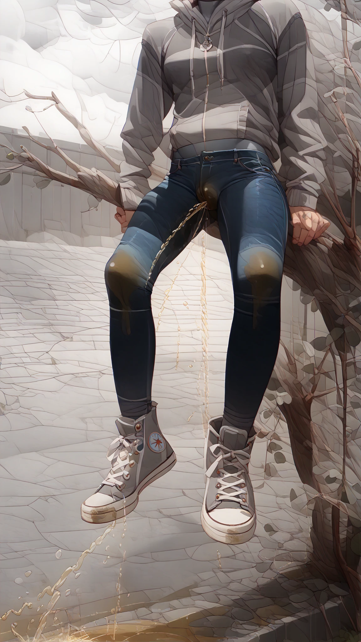 erection small bulge,Slim boy 1boy, wearing hoodie, (a pair of grey dusty washed-out skin tight leggings-jeans:1.9), converse (dirty knee high sneaker-boots x-hi1.8), (legs spread, medium length), (small bulge), (front view), he too lazy to use bathroom, sitting on the branch (peeing self:1.8), (pee stain:1.2), (peeing:1.8) (dynamic angle, lying pose:1.2), outdoors, (have to pee) Close-up on pants.