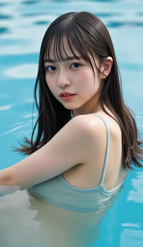masutepiece, Best Quality, 8K, 15yo student, Teen, Raw photo, absurderes, award winning portrait, Solo, Night, neons, Idol face, violaceaess, gardeniass, Delicate girl, Upper body, Digital SLR, Looking at Viewer, Candid, Sophisticated, zora々Right, Thin arms, Professional Lighting, Film grain, chromatic abberation, (Eyes and faces with detailed:1.0), (Bokeh:1.1)、((School swim wear))、