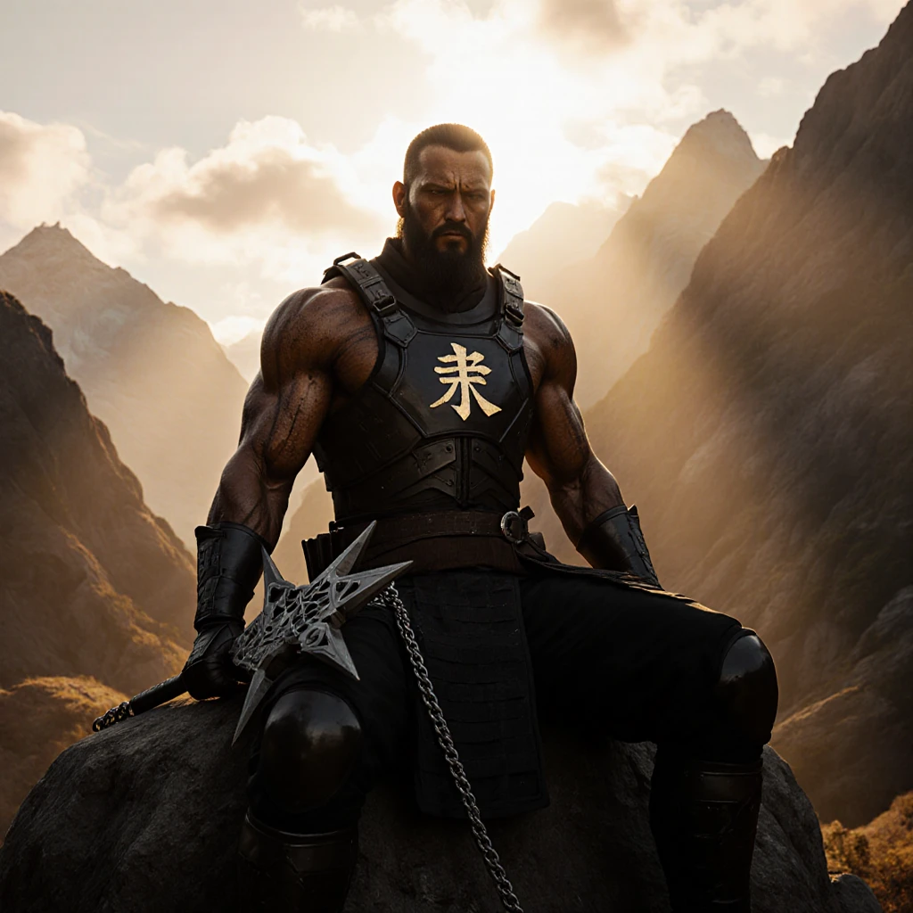 make a black man on a green muddy mountain in a navy blue sky and a ship in the distance