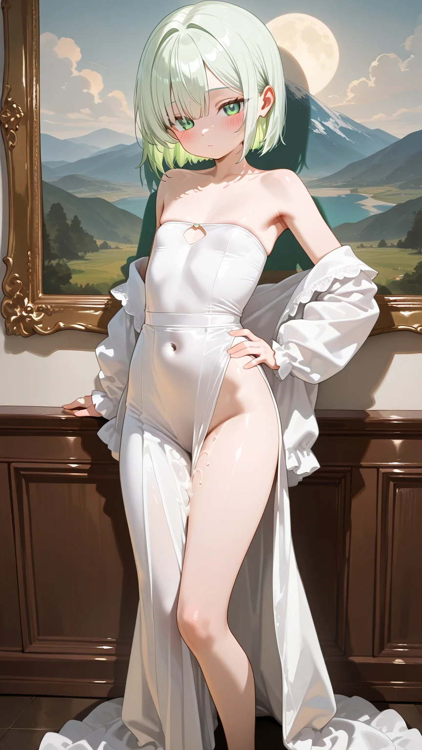 a mature woman，elder sister，Royal sister，Bare topless，white short hair，Breast patches，Extra-short skirt，huge breasts，E cup，model figure，slender waist，long legs，Show the chest，High heel，Standing posture，Look ahead，Full body image，White background
