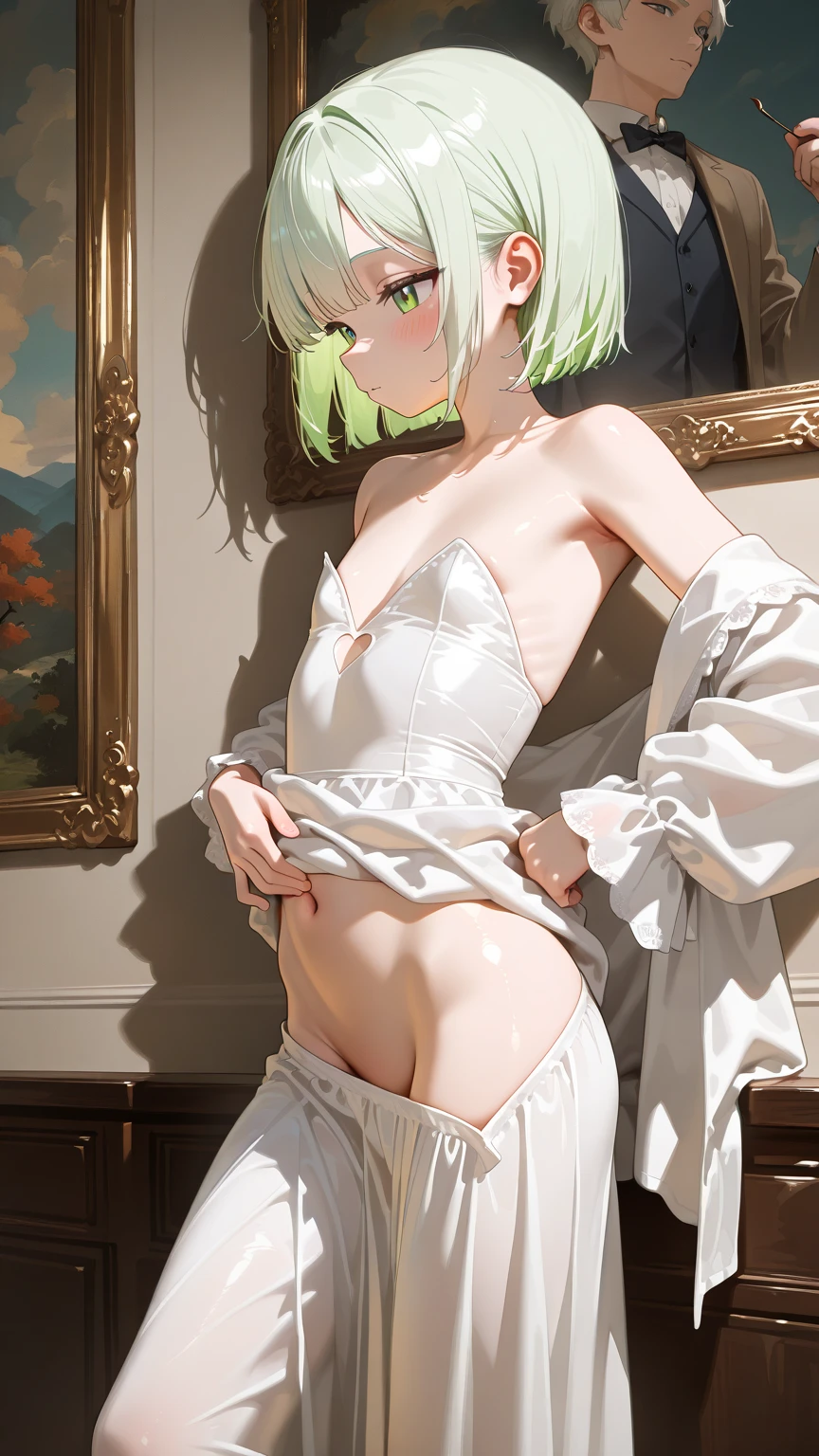 Beautiful slender thin exquisite naked girl with a perfect southern type face with green hair with tender breasts with tender nipples barefoot with bare hips (((lies))) on the veranda of a wooden house under the cherry blossoms and dreamily looks at the flowers, Coffee, in a gentle watercolor style, Discreet shades, sfumato, haze, diffused dim light, delicate mint shades, imitation of film photography, ((view from above))
