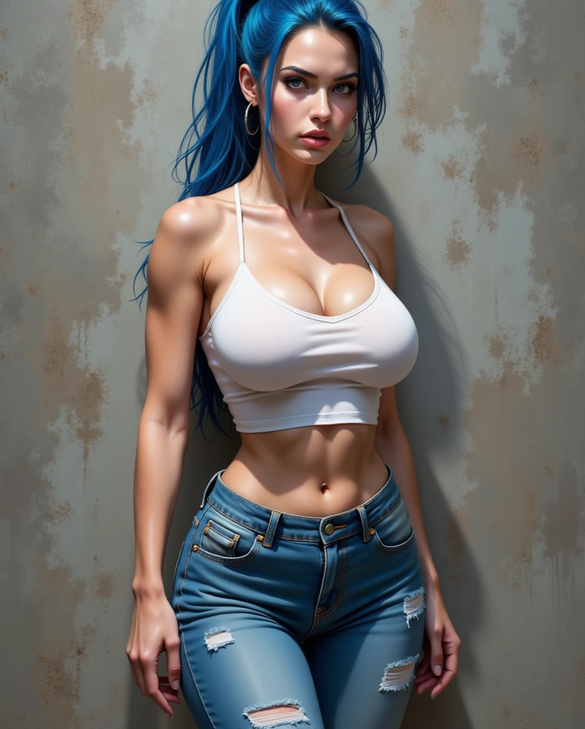 Woman in miniskirt (bottom of skirt), (sitting with open legs 1.4), (exhibitionism 1.2), blue hair, large boobs, raised, (cleavage 1.3), soaked clothes, (front), (viewing angle from below), (full body photo 1.1), medium and long range, aperture 1.1, perfect facial features, extreme detail, natural lighting, 8k