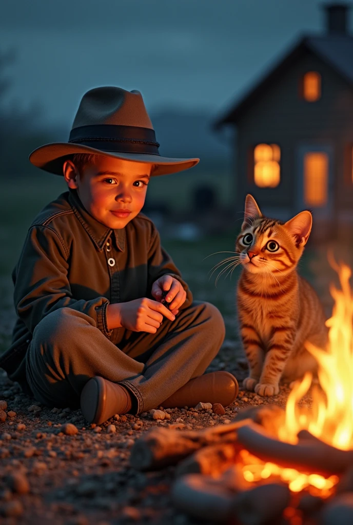 Boy sitting on the left hugging a furry cat who is sitting on his right in front of a frey