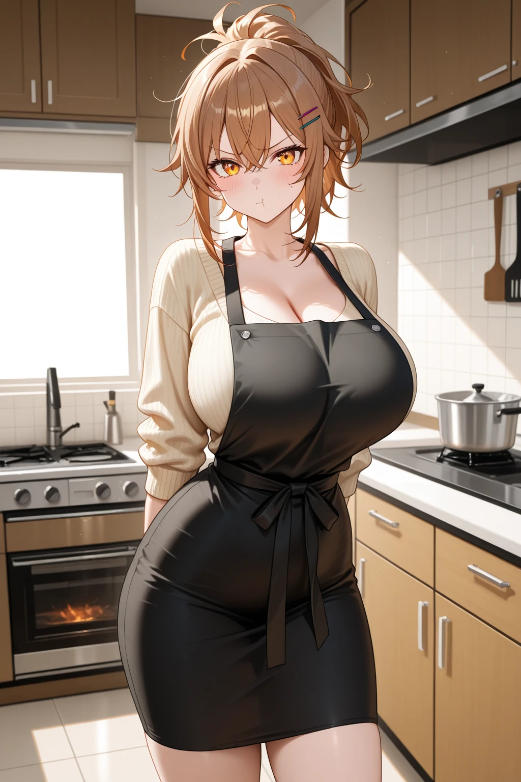 woman,,,,A long sweater that shows cleavage,Embarrassed face,,,,,,,stand,