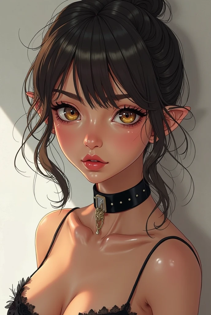 ((Best quality)), ((masterpiece)), (detailed: 1.3), ((ultra, 8k)). Beautiful woman, one girl, very detailed eyes, very detailed hair, very detailed clothes, very detailed face, 20 years old. ((Purple eyes)), ((black hair, wavy hair, long bangs)), ((short elf ears)), earrings, pale skin, ((black dress)), large breasts, cleavage, open clothes, thick ass, choker, beautiful eyelashes, eyeliner, sultry eyes, juicy lips, plump lips, soft blush, smooth skin, freckles, natural eyebrows. Posing sexily, looking at viewer, in love with viewer, cinematic lighting, standing. 