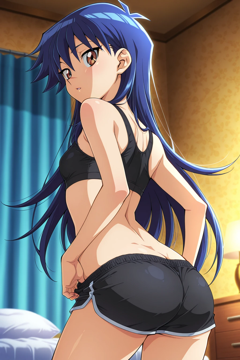 ((1girl)),((alone)),miko yotsuya,(masterpiece), (best quality), (ultra detailed), (best illustration), (best shadow), (absurdities), sharp focus, cowboy photo , looking at viewer, medium breasts, narrow waist, wide hips, wide thighs, round butt, dynamic posture, yellow eyes, blue-black hair, multi-colored hair, long hair, sports top black, cleavage, bare arms, tight top, bare shoulders, bare waist, denim shorts, short shorts, bare legs nervous and fearful smile, (sexy pose: 1.2), solo, standing, interior, Japanese house, bedroom, night , window, street lights, looking back, from behind, ((focus on ass:1.3)), point of view (from middle), chill, perfect anatomy, perfect hands