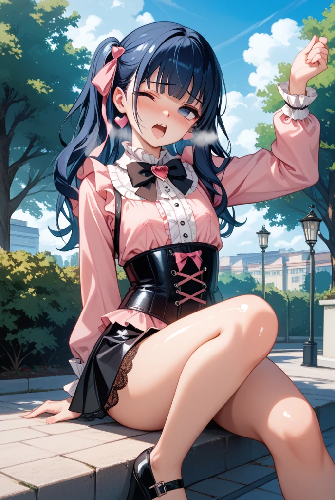 Kneeling,Straight Stand,finger to mouth,One hand behind your back,open mouth,tongue out,cum on tongue,1girl,((((12-year-old girl)))),Short,slender,small breasts ,front face,from front,front view,looking at viewer, looking down,(from above:2.0),cowboy shot,Black Hair,Short Twin Tails,Gray Eyes,Drooping eyes,slit pupils,narrow eyes.Mischievous smile,Sheer black and pink negligee,Sexy Lingerie,garter,Collar with leash,Dimly lit room,Gray wall,On the bed,Dim lighting,Beautiful and detailed anime art
