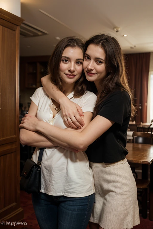 two woman, young brunette and middle age blonde, together, table, lunch, cozy, modern, posing hug, Realistic, photo, ultra quality, modern, highly detailed, photograph Best Quality,Masterpiece,Ultra High Resolution,(Realisticity:1.4),Original Photo,Cinematic Lighting,smile,backlighting