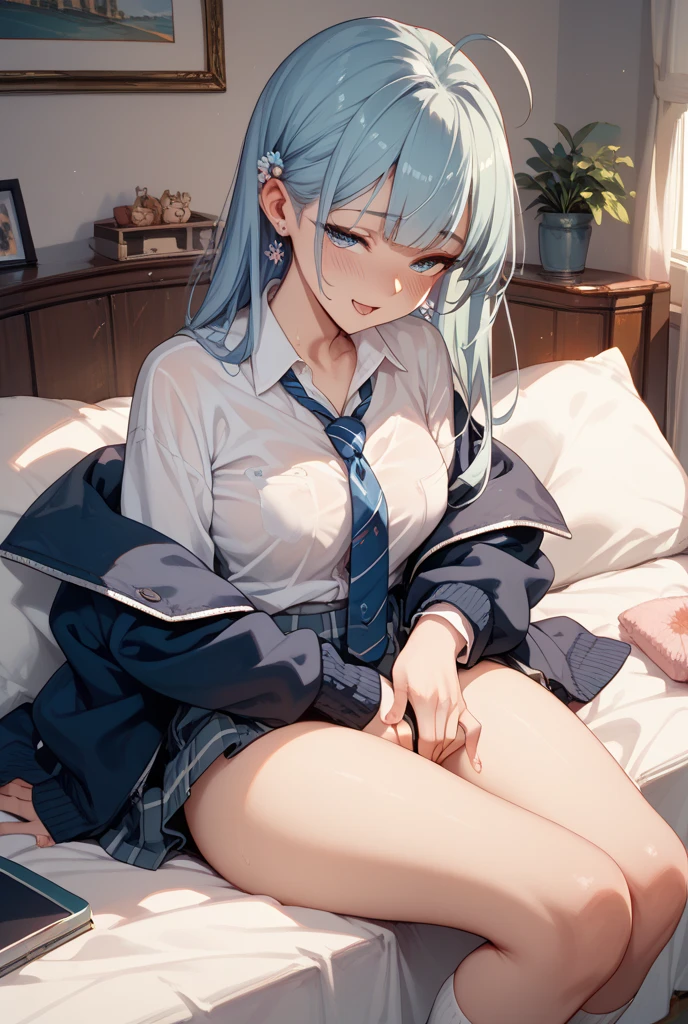 (8k, 最high quality)、Ultra-high resolution、Adorable、最high quality, beautiful, Absurd beauty,Ultra-high resolution、Bright blue hair、blue eyes、 despair、girl、Small breasts、Braided half bob hair、uniform、Me in a knitted cardigan、 girl、Looks about 15 years old、Petan Musume、In the classroom、 (cryin) ,Cute Characters, Most detailed, high quality、(missionary, 1boy, penis, lying, vaginale, ass pov, spread legs, sex, nsfw)、nose blush、steam、Oblique angle、Shiny Hair、非常に細かくてbeautiful明るい目、be scared、非常に精細でクリアでbeautiful顔, Being stripped of clothes、No clothes、Slender body、Awards, Anatomically correct、((Scared))