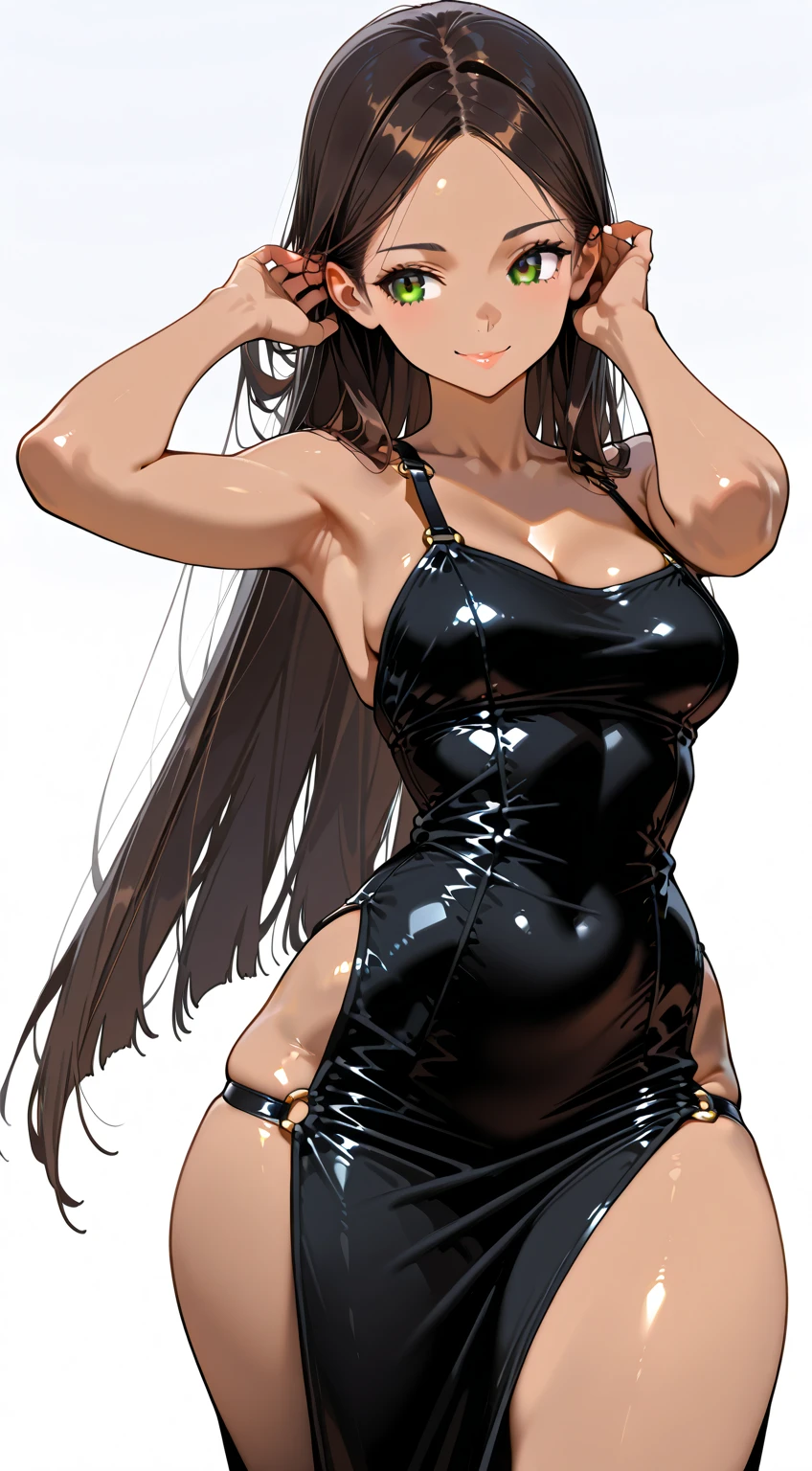 masterpiece, top quality, girl, akiryomai, bare ears, bare shoulders, black bow tie, black leotard, bow tie, brown eyes, brown hair, cleavage, cowboy shot, de-collar, artificial ears, high leg, high leg, big breasts, leotard, lips, long hair, looking at the beholder, Okay Sign Playboy Bunny Ponytail Rabbit Ears Shiranui Mai Smile Solo Strapless Strapless Leotard Wrist Cuffs