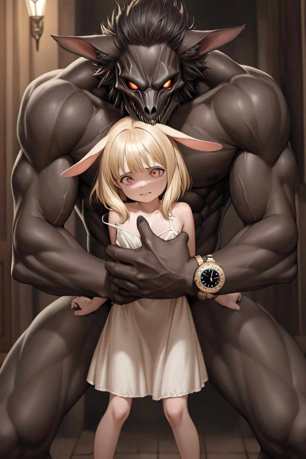 (best quality, masterpiece, uncensored, high quality, ultra detailed, extremely detailed CG, beautiful face, beautiful eyes), solo, (1girl, (((platinum blonde hair, streaked hair, Hair Flaps, side braid)))), (((((dress, collar, clothing aside, see through))))), (((((extremely awesome detailed deep-silky-healthy-lackwarm-foundational-baby face))))), nsfw, peeing, pussy, skindantation, hiqcgbody, (tan), (outdoors, alley:1.2), masterpiece,best quality,(size difference:1.4),(huge male necromancer,(monster:1.3),vampire standing:1.3), meatshield style and (1girl) and (monster sex), motion lines,(suspension,reverse suspended congress),(absurd stomach bulge), collar, chain,cum, penis, tears, small breasts, nipples,large insertion,teeth, bound, bdsm,rolling eyes, vaginal,bondage,navel, tongue, open mouth, crying with eyes open, pussy, ahegao, tongue out, spread legs, (legs up),restrained, testicles,fucked silly, cuffs, nude, black collar,veins,arms up, (eerie atmosphere, horror theme), suspenders, (extremely awesom e detailed and ribbon:1.3),(extremely awesome detailed deep-silky-healthy-lackwarm-foundational-soft-skin:1.1), (extremely awesome detailed gleaming skin), (extremely awesome detailed pretty face, extremely awesome detailed eyes, extremely awesome detailed shiny hair:1.2), (embarrassed, closed mouth:1.4), extremely awesome detailed dynamic lighting, extremely awesome detailed caustic, extremely awesome detailed deep shadows,(best quality, highres, absurdres, extremely awesome detailed CG unity 8K HDR wallpaper, perfect anatomy:1.1),(extremely awesome detailed realistic, extremely awesome detailed 3d:1.0)