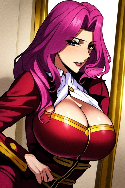 masterpiece, best quality, baccarat, black eyes, folded ponytail, white long coat, coat on shoulders,white navy soldier uniform ,epaulettes, purple shirt, blue pants, upper body, looking at viewer, large breasts, ocean, city ,(hd), ((full body shot)), (high resolution)