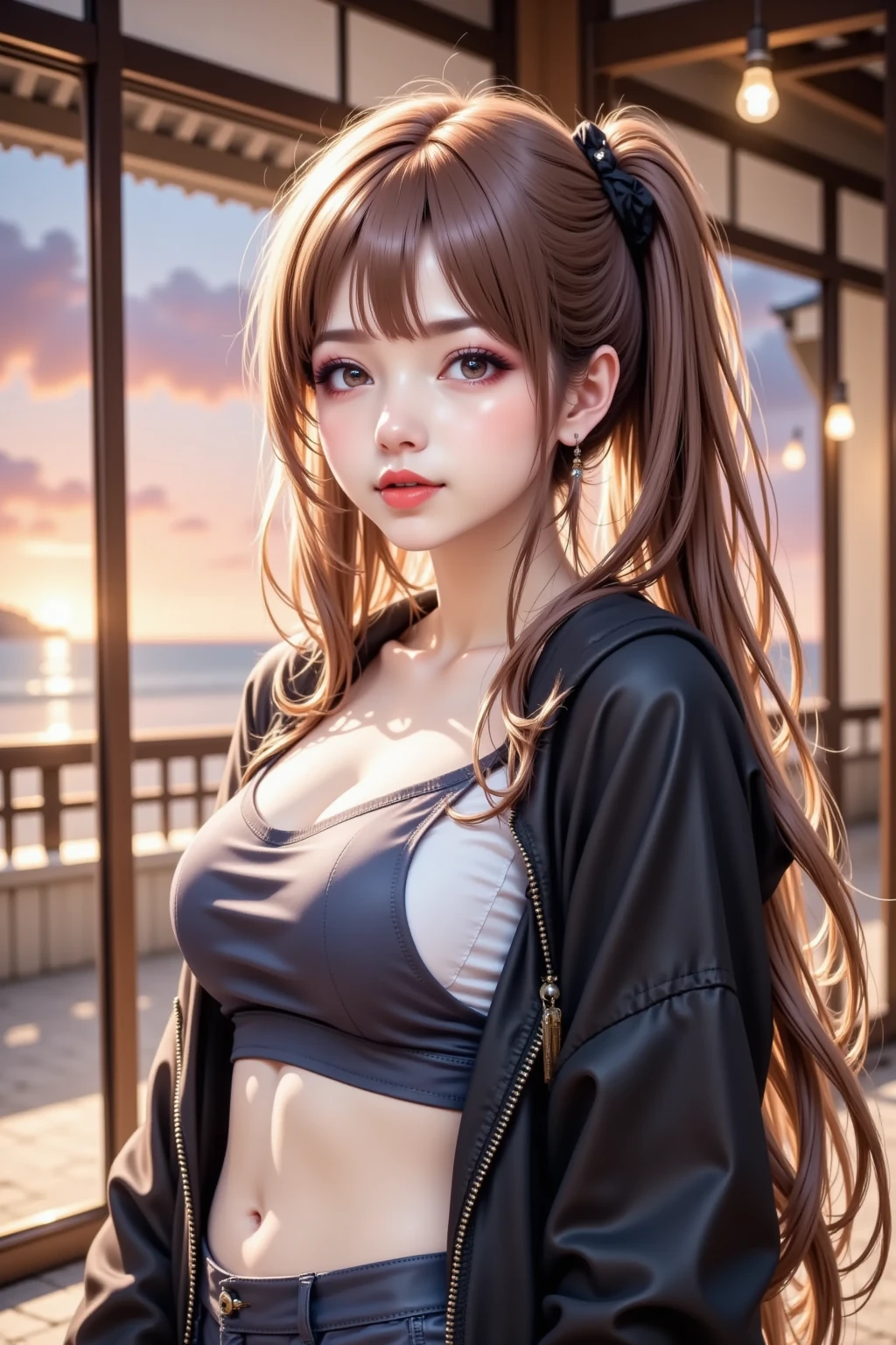 Makima, Control Demon is a woman with long reddish-brown hair, camisa manga larga, corbata negra, black pants touching his face with blood, riendo, es un personaje ficticio, perteneciente al anime Chainsaw Man. cuerpo completo, ambiente de terror oscuro, rojo, bien detallado, Horror cosmic,Nighttime Atmosphere, Cosmic Horror,, sentado bajo la lluvia, Full Costume Good Lighting