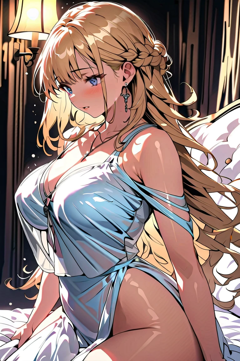 ((8k)), ((32K)), ((Highest quality)), ((masterpiece)), ((Ultra-high resolution)), ((Tmasterpiece)), (((from the front:1.6)))、((8k)), ((32K)), ((Highest quality)), ((masterpiece)), ((Ultra-high resolution)), masterpiece, Highest quality, Ultra-high resolution, Highest quality, anime調, Best writing, Beautiful Face, (anime:1.1), Highest quality, masterpiece, (((Line of sight(chest)、perspective(chest)、Face direction(Down)Eyeball angle(Down))))、1 girl, Shelley Nome, Colorful Hair, Blonde, Pink Hair, Gradient Hair Long Hair, Big Breasts, blue eyes, Mature Woman, Looking at the audience, Sheryl Nome ,Costume ,Macross F, anime, Cosplay, Galactic Fairy, ステージCostume ,Fashion Stage、Spotlight、Giant screen(映し出されるNipples,Multiple sheets)、Nipples、Expose、The spectators cheer,From before,Uplifting,Nipplesポロリ,Clothes get torn,expression(blush,tears,cry)shame、feel、cry、Struggling、narration、Commentary、Nipples勃起、Delighted fans、A packed venue、Penlight、Professionalism、live、pride、growing up、worries、distress、performance、effort、panic、trouble、Nipples、accident、chestを隠す、I try to hide it but I can't、(Photograph the whole body)(looking down:1.2),Create a detailed and realistic illustration of Sheryl Nome from Macross Frontier. She should have long, wavy blonde hair and blue eyes. Her skin should be fair. Please dress her in her iconic gold stage outfit from the "Lion" performance, including large earrings, bracelets, and a necklace. She should be holding a microphone and singing with one hand raised, showing a confident smile. The background should depict a concert stage with spotlights and silhouettes of the audience. The art style should be realistic with detailed features, maintaining the anime influence but with a realistic touch.