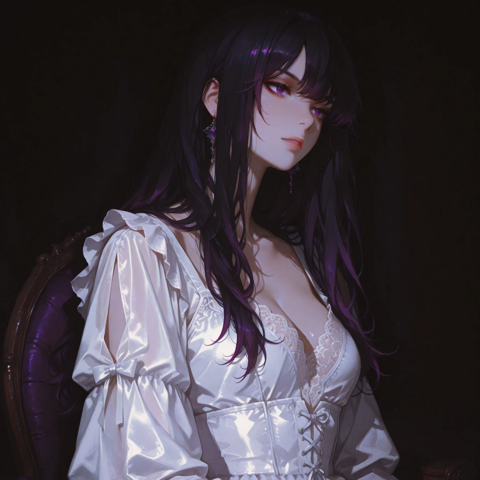 Hoshino Ai, long hair, purple hair, streaked hair ,purple eyes, star-shaped pupils, hair ornament, in a corset-style mini dress with statement sleeves