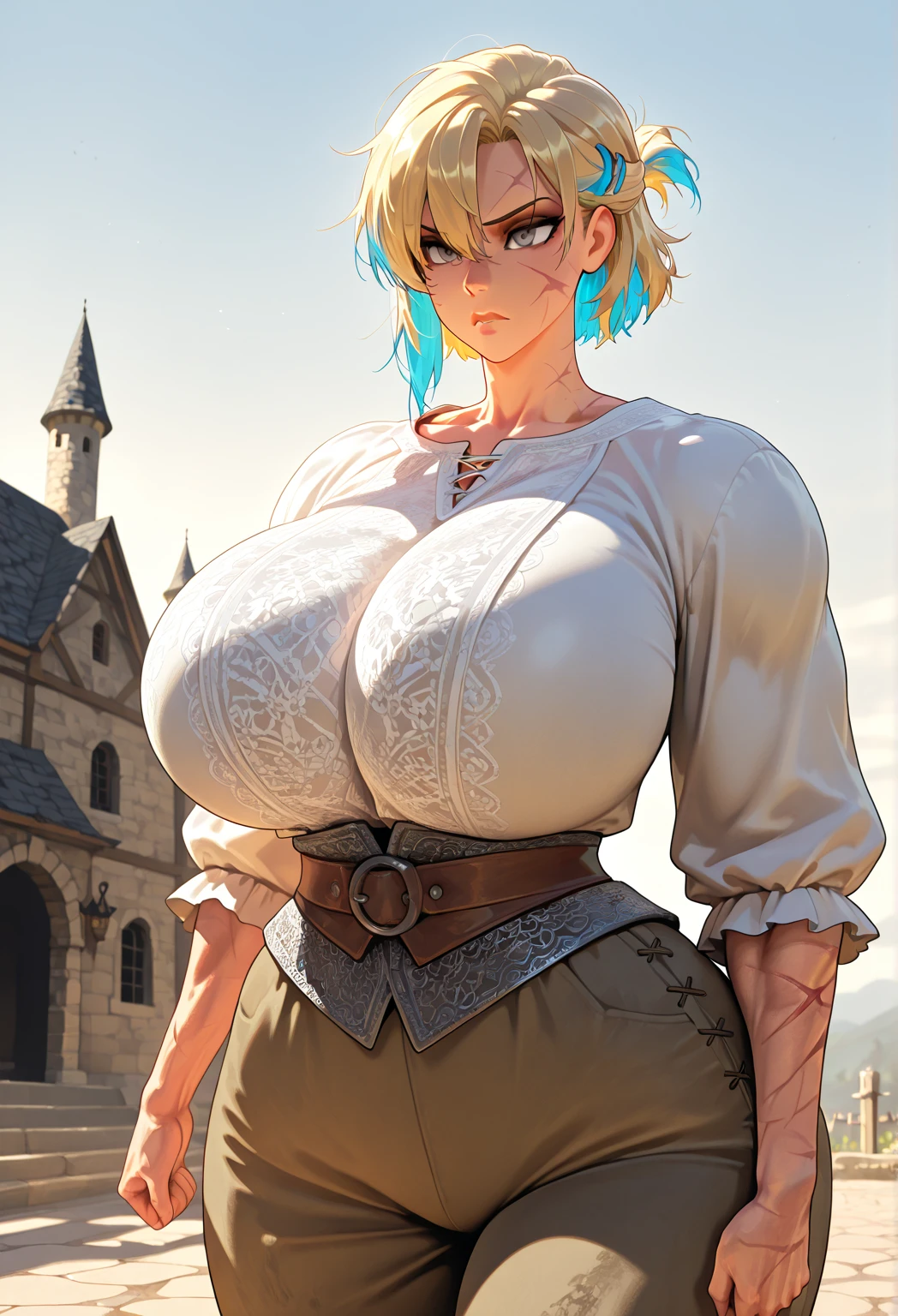 anime: style illustration of a busty woman sitting on a rock overlooking a castle, cushart krenz art key women, guweiz style artwork, guweiz, Guweiz and Pixiv Artstation, Krenzcushart, Artoria Pendragon, Artgerm and Atey Ghailan, Guweiz and Artstation Pixiv, boob augmentation, very big tits, extremely big tits, huge tits 