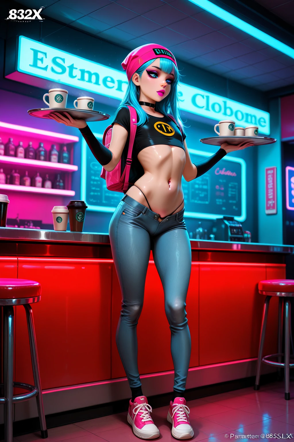 20-year-old girl sitting by a porch, Estilo Cyber Punk, furtureista,  Estilo pin up,sexy, sorprendido, Falda arriba, Falda fluida,  De color , Obras maestras, Ilustrado, piel brillante, Cara detallada, Pecho grande.