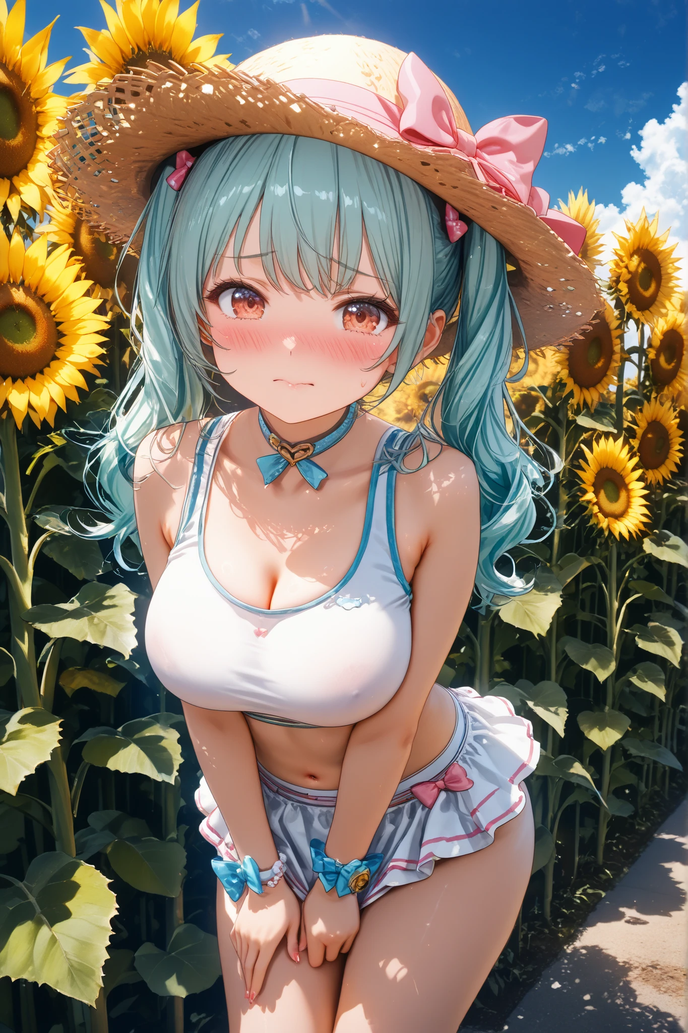 from front, fisheye lens, looking at viewer, breast focus, face, (bent_over:1.5), outstretched hand, large breasts, sagging breasts, cleavage, white chemise, wet, grin, (spoken heart:1.3), sunflower field, (depth of field:1.3), aqua hair, short hair, volumey messy hair, strong light coming in, lens flare, straw hat