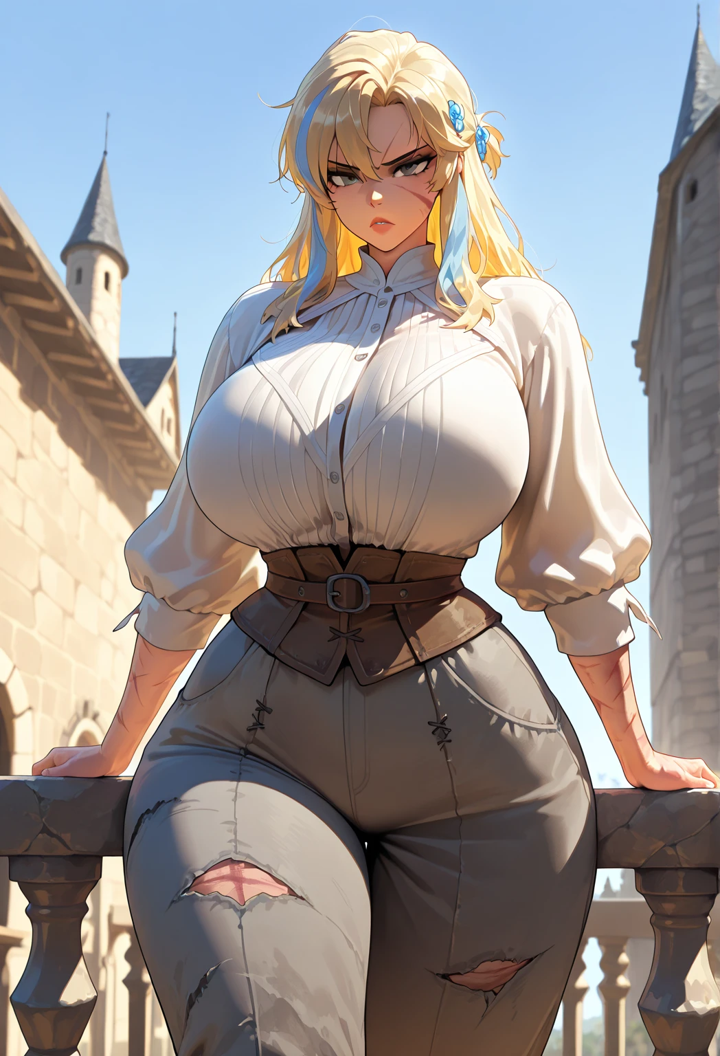 masterpiece, Beautiful very young girl, a whole body, perfect body, correct anatomy, Long and slender legs, Slavic appearance, blonde hair, blonde, huge and thick braid, very large round breasts, huge nipples stick out under clothes, Huge areolas, very large protruding round butt, wide pelvis, very beautiful young face with big lips, light blue eyes, medieval white peasant dress, stands in the middle of a medieval village, thatched roofs, fantasy style, Green meadow, Mountains in the distance