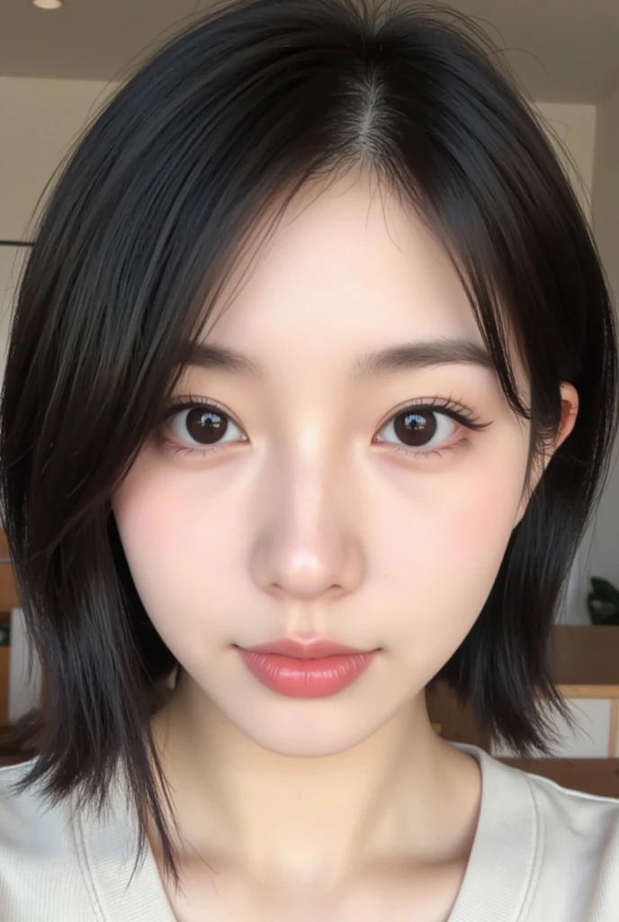　masterpiece、Highest quality、Realistic、超High resolution、High resolution、16k wallpaper、Very detailed、Finer details、Cinema Lighting、White Room、Young woman taking a selfie,( Sweaty skin、Sweaty skin、Sweaty grey tank top:1.3)、Very detailedな顔、Transparent white skin texture、Rounded outline、Natural Makeup、A small smile、short hair、Gentle expression、Detailed eyes、Symmetrical black eyes、(short hair、low hair volume、Thick Hair、Coarse hair、High quality grey tank top)、Nice, Japanese Gravure Idol