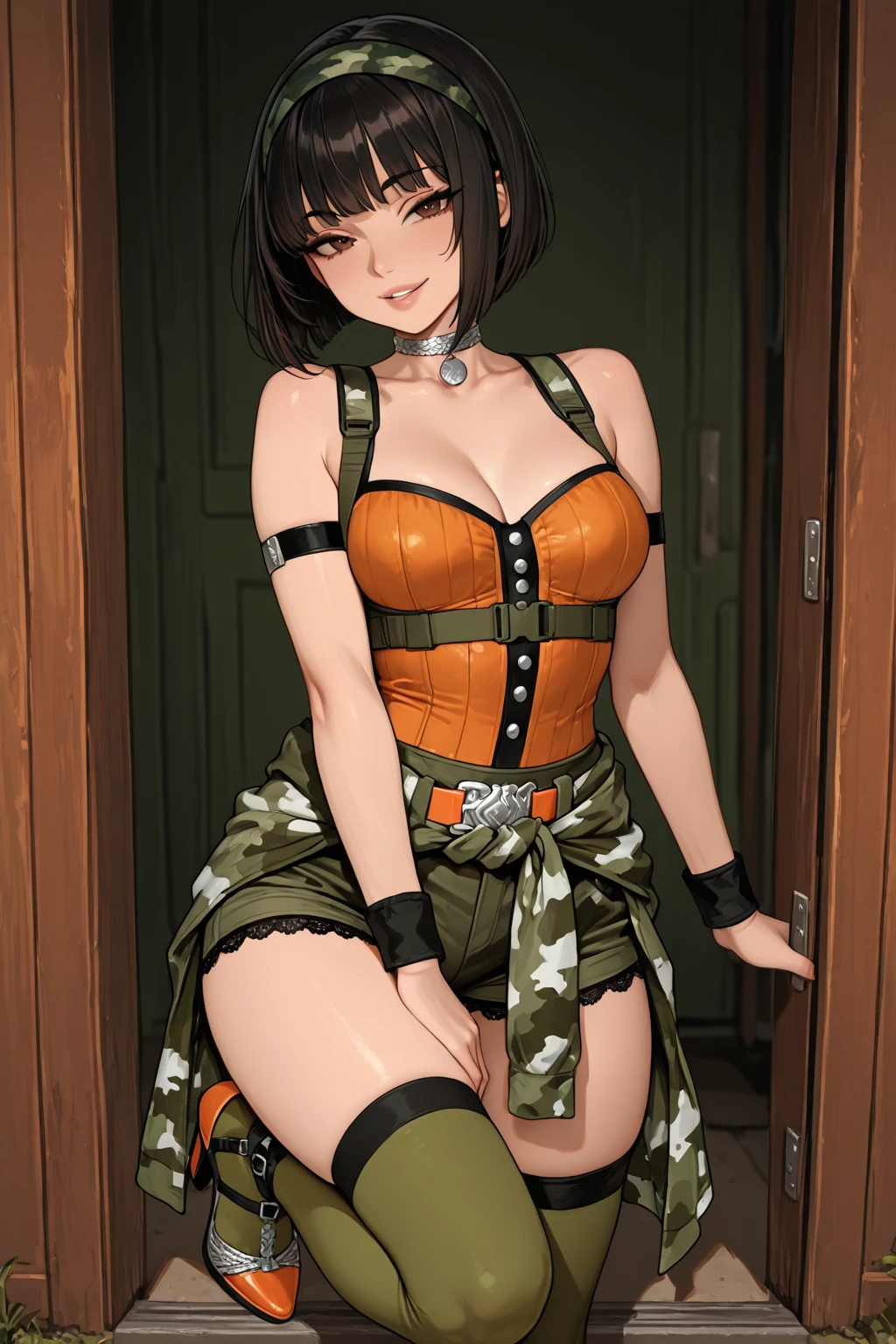 one white girl, bust, solo, full body, legs, abs, thicc body, green eyes, beautiful eyes, black hair, (pixie haircut:1.3), (big breasts, olive green leather shirt, cleavage:1.4), masterpiece, highly detailed, look at viewer, happy face, shiny blured grey background, gradient sprayed background, front view, gradient red purple background, blured background, glowing edges of image, (black skirt, stockings:1.3), (black military boots:1.3), (elbow gloves:1.2)