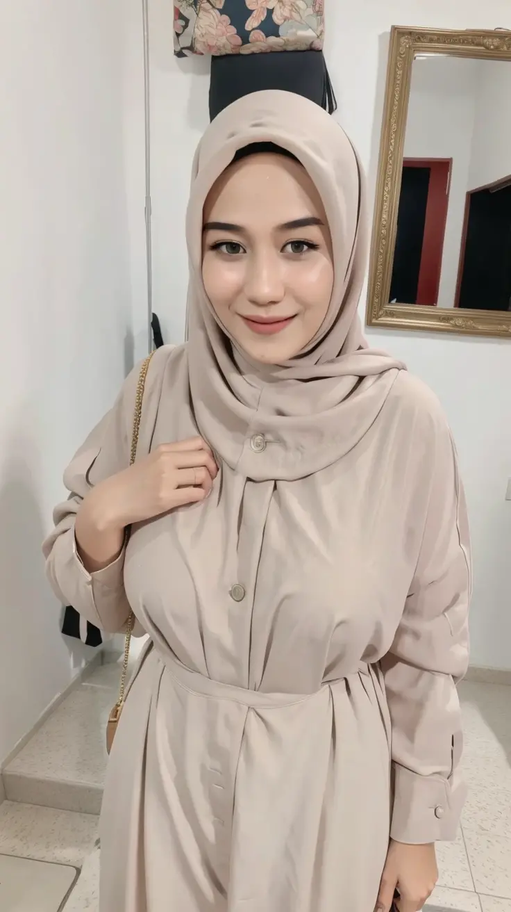 masterpiece, (ultra-high-definition portrait, vignet:1.4), Realistic, extremely detailed, CG unified, 8k, Clean lines, highly detailed, High-definition, raw color photos, she is smiling, Realistic portrait, Cinematic Light, Beautiful detailed, (1hijabgirl, indonesian:1.5), (165cm tall, big breasts with lips like she wants to kiss:1.5), Beautiful big breasts, breasts details, very tight, (Biggorgeous breast, Serious Face:1.5), (Serious Face, Big Breast:1.4), Close up of a girl in Beautiful clothes with errected nipple, biggorgeous breast, Soft smile, scarf, (Bombastic Side Eyes with curvaceous body:2), pose 4 of 1 6, Undress, No bra, (nipples that are clearly sticking out detail:1.2), Outdoors, high intricate detailed.