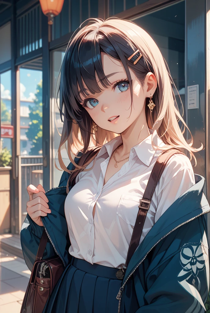 (masterpiece:1.2, Highest quality), (Realistic, photoRealistic:1.4), Beautiful illustrations, (Natural Side Lighting, Cinema Lighting), 
View your viewers, Cowboy Shot, Front view:0.6, 1 girl, Japanese, high school girl, Perfect Face, Cute and symmetrical face, Glowing Skin, 
(Long Hair:1.4, Half Up:1.5, Light brown hair), Hair between the eyes, Dark brown eyes, Long eyelashes, (Large Breasts:0.6, Captivating thighs), 
Beautiful Hair, Beautiful Face, Beautiful attention to detail, Beautiful clavicle, Beautiful body, Beautiful breasts, Beautiful thighs, Beautiful feet, Beautiful fingers, 
((White collared shirt with long sleeves, Navy Pleated Mini Skirt, Navy tie, White cardigan)), Pink Panties, school bag, 
(Beautiful views), evening, River side, walk, (Cute smile, Upward glance), 