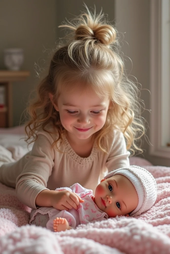Picture of a real life brown haired girl playing with dolls