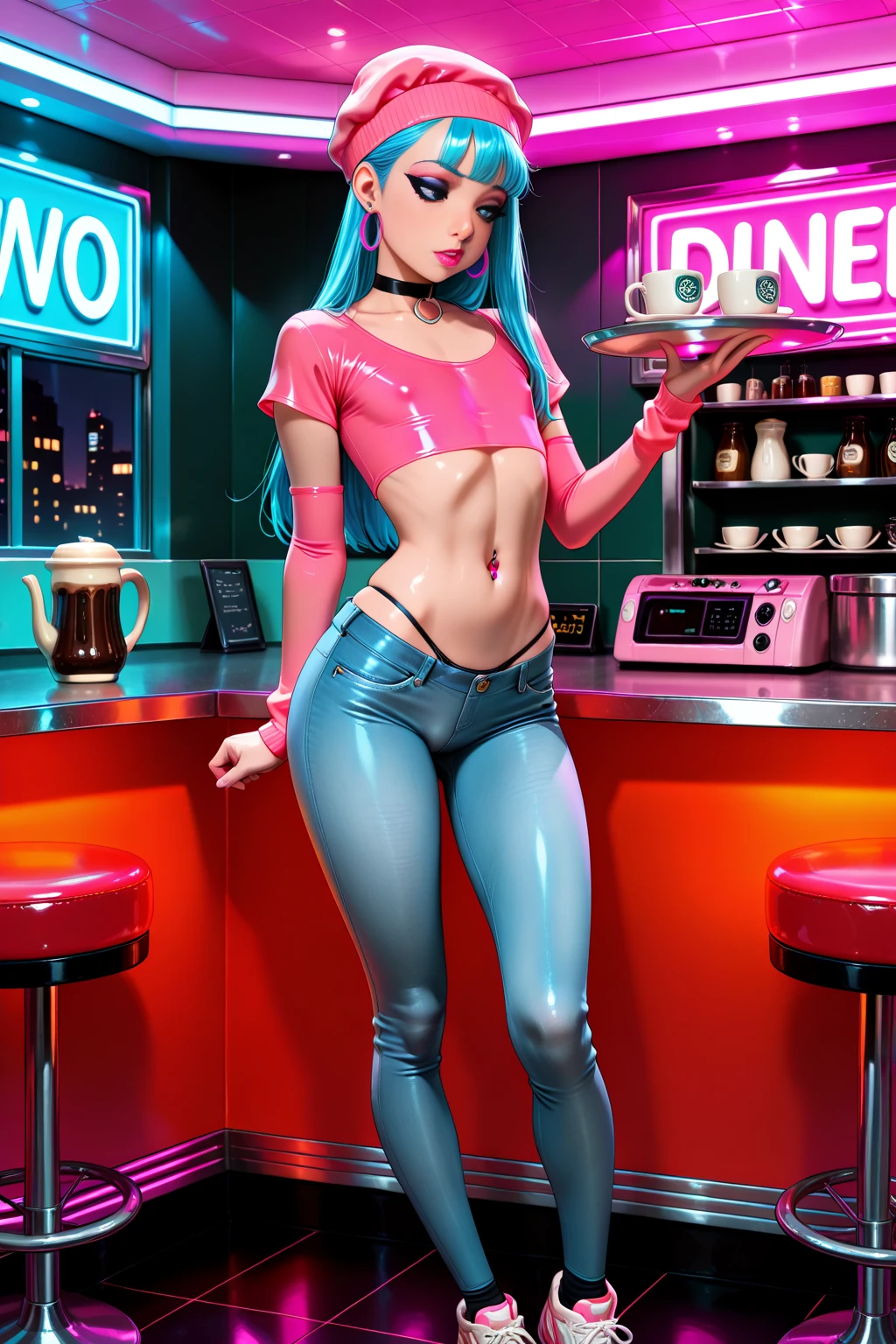 <lora:LatexAIV2:.6> LatexAI_pink woman, smiling, in bar