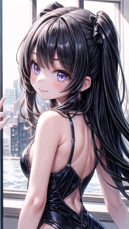 a beautiful woman with black hair and purple highlights taking a selfie, cat ears on the head, lingerie