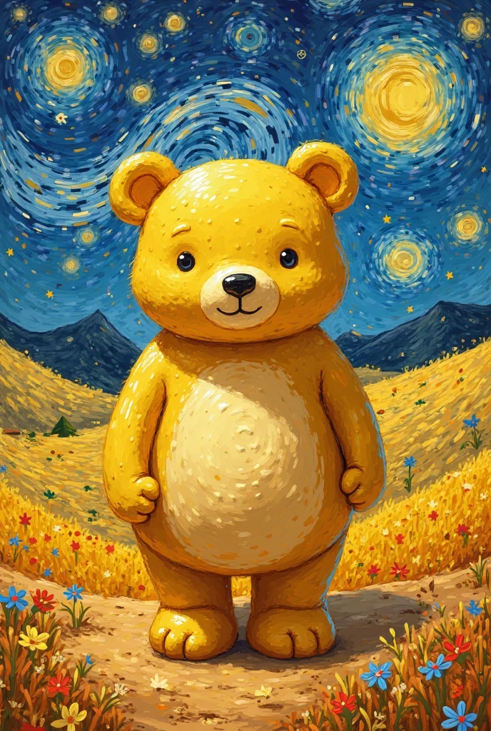 
 A sunset on the beach, Van Gogh style, vibrant colors, thick brush strokes, Starry Night style throughout the image with Winnie the Pooh staring at that sunset sitting on a log in the sand 