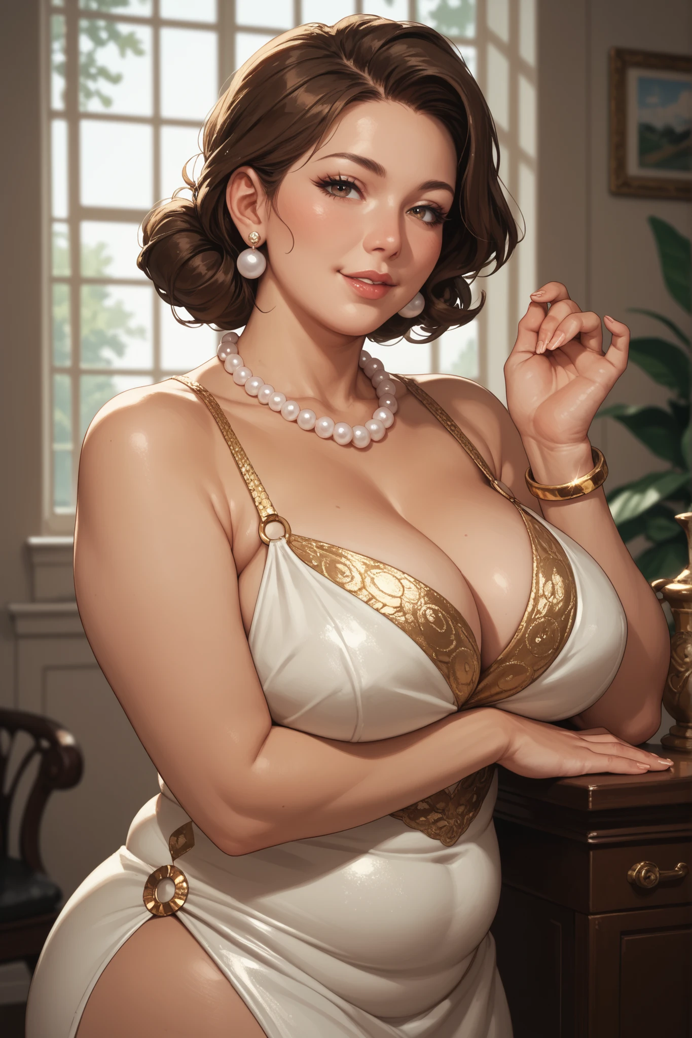 masterpiece, hyper photorealistic, renaissance style, Lost in thought while writing a letter, super ultra huge enormous breasts, super detailed, high definition