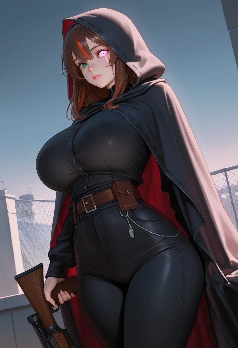 (highres, high quality:1.2), intricate details, cinematic lighting, sharp focus, depth of field, Ingrid, 1girl, mature female, (dark-skinned female:1.1), dark skin, standing, hands on hips, cowboy shot, looking at viewer, cityscape, night, city light, determined, pink red hair, very long hair, hair intakes, makeup, lipstick, (mole under mouth:0.8), eyelashes, yellow eyes, detailed face, helloutfit, red cape, black (turtleneck:1.1), (underboob:1.1), black elbow gloves, (coattails:1.1), revealing clothes, center opening, highleg panties, thigh boots, (multicolored clothes:1.1) midriff, large breasts, areola slip, (nipple slip:0.8),