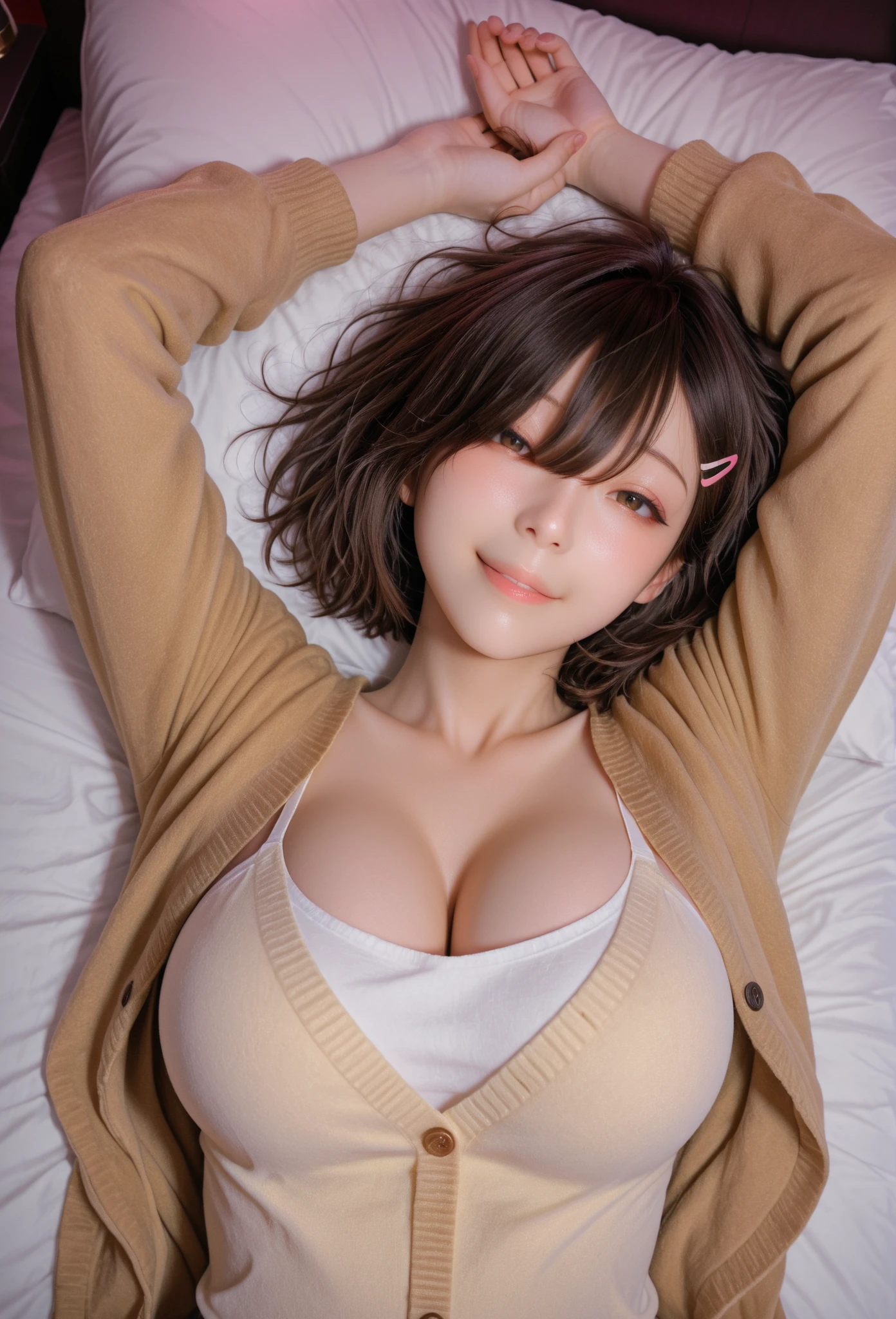 (Japanese Idols, 1 girl, Unparalleled beauty, Seduce, smile, Small face, Perfect Style, Body based on human mechanics, RAWphotograph, Real person:1.4) photograph, (Professional Lighting), (((Highly detailed face))), ((double eyelid)), (Boobs Sharp Focus:1.4), (Brown Hair, ponytail, Elegant light make-up, eyeliner, mascara:1.4), Huge breasts, Beautiful smooth skin, Soft Skin, 20-year-old, ((slender body)), (Pink mohair cardigan with open front, No bra, Cleavage and underboob are visible, Tifa Lockhart:1.4), Attractive face, NSFW,