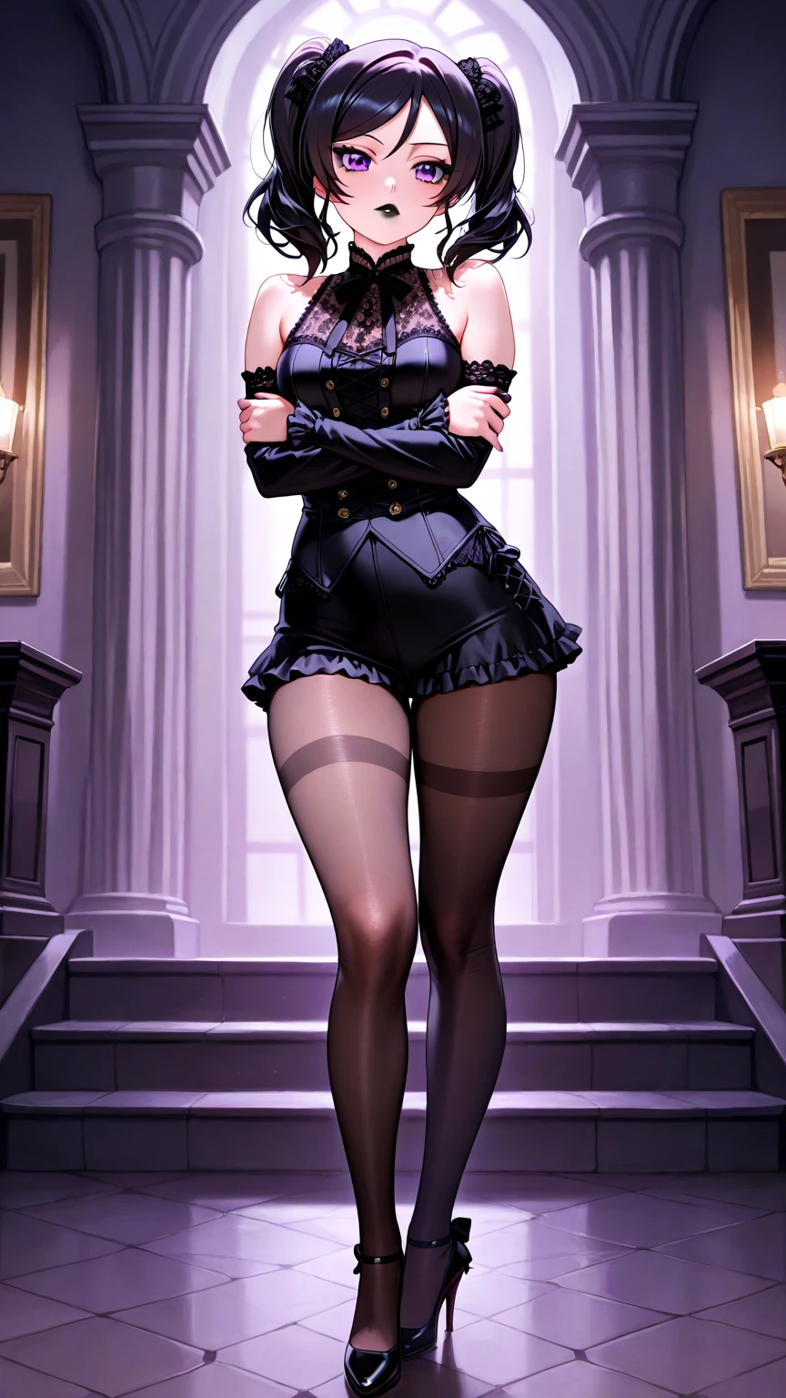 green eyes,black hair,green shine hair,rating_explicit, fubuki from one punch man,black bunny suit,black bunny ears,clavage,chocker,tatto,(from bellov,full body,head straight,eyes down,looking down on viewer,looking at viewer from bellow)
