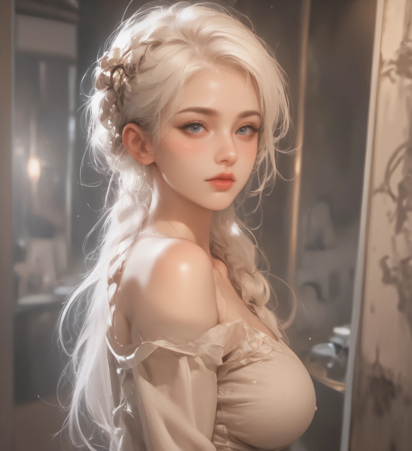 Beautiful women with long blonde hair, grey eyes, and a medium size chest