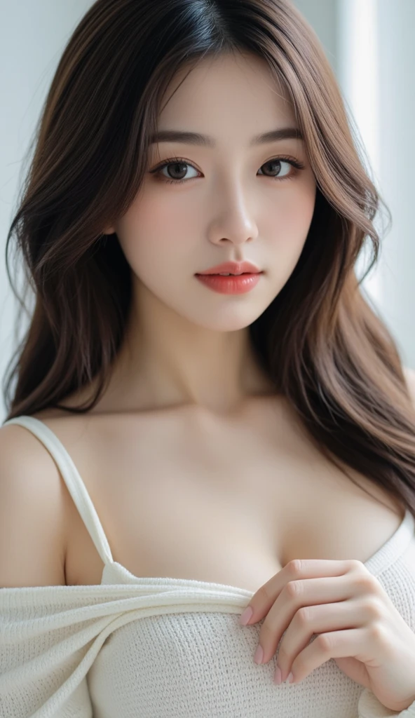Realistic, High resolution, 1 female, Glowing Skin, alone, Wide lips,Color Contact Lenses,Weight 65kg,round face,Realistic skin texture,Genuine,Detailed face,Female college student,White skin,Wavy Hair,Dynamic Body,Dynamic Pose,Mr.々Situation background,Mr.々Fashion style