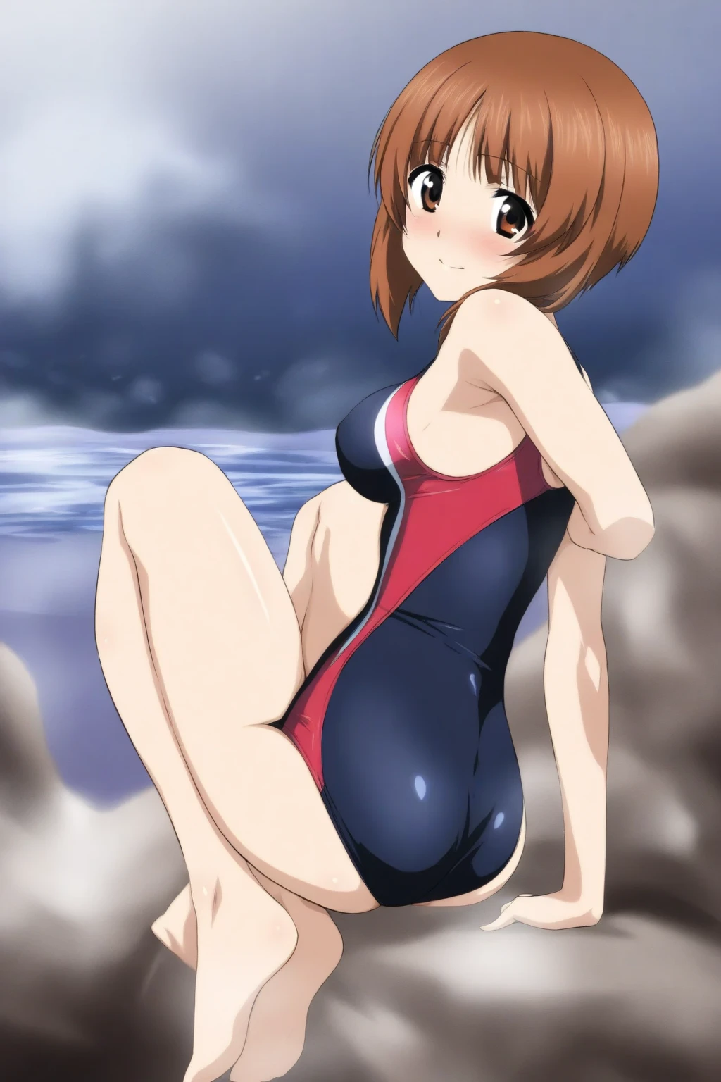 nsfw , takamachi nanoha , lyrical nanoha , (((highres official art))) , (((1girl))) , (((solo))) , (((mostly nude))) , brown hair , twintails , white ribbon , (((collar))) , (((expressionless))) , blush , shy , squatting girl, spread legs, after sex, pussy, cum drip, cum in pussy, sweat, outdoor , beach