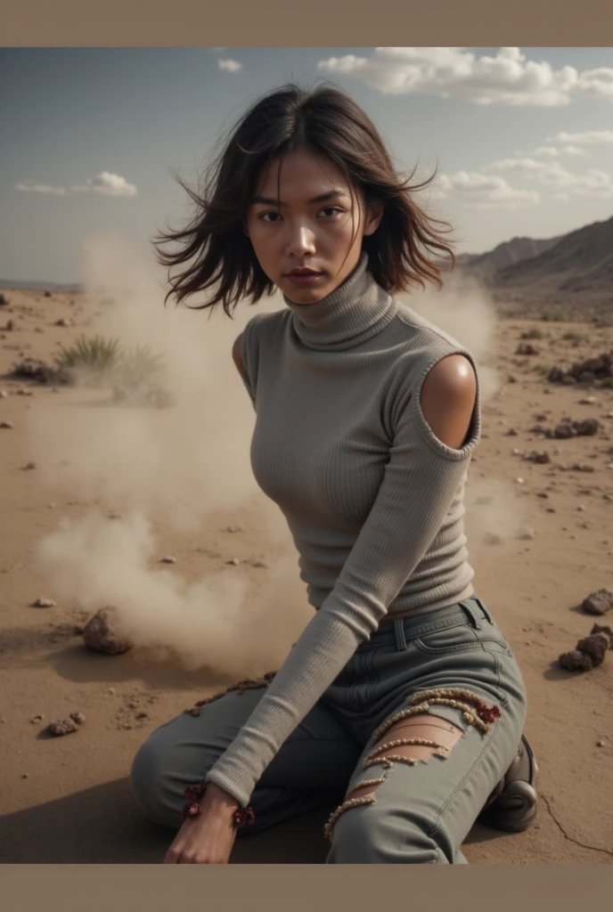 high resolution, live-action, Real, 4K, roof top jeep, A beautiful woman in her 30s driving, One Woman, Cigarette in mouth, Cigarette smoke, Ample breasts, ponytail, Olive drab tank top, 背景はdesert, Sprint, Sand Dust, desert, Bright sunshine, Hair swaying in the wind