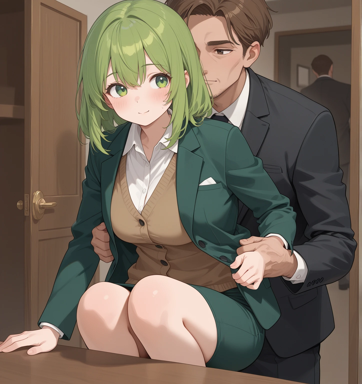 1boy, 1girl, abs, (ass grab), ((lace bra)), blush, breasts, doggystyle, hetero, , table, sex, indoors, lens flare, windows, smile, hanging motion lines,curvy,nude,hanging breasts,green hair,green eyes,masterpiece.