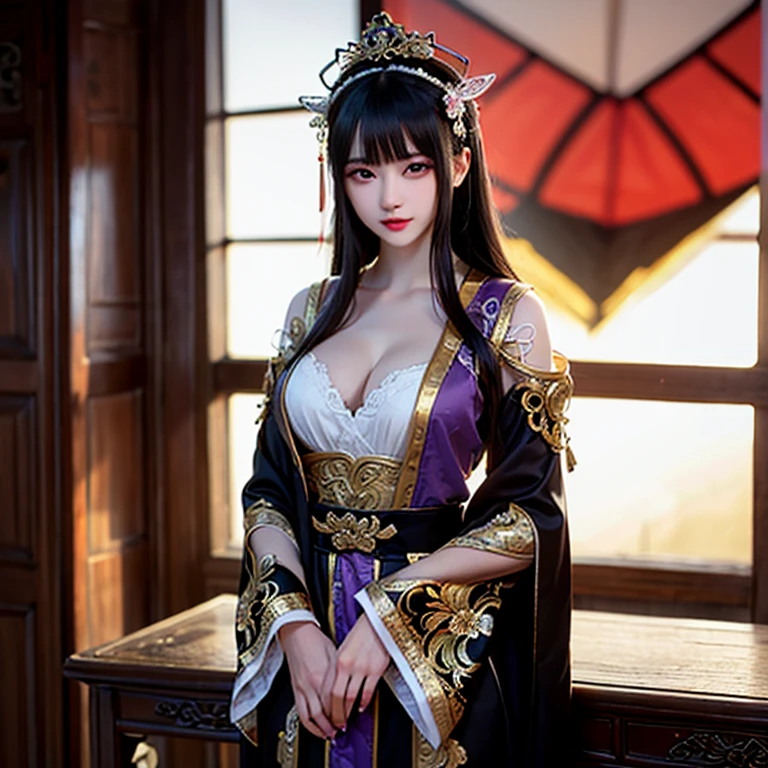Female, Chinese ancient mythology, Asian costumes. Delicate, sharp features, cold yet alluring eyes. Long black/brown hair, styled elaborately, adorned with gold/jade accessories. Red/purple luxurious attire, multi-layered with complex patterns, made from high-quality fabrics. Wears lavish jewelry, emphasizing her powerful presence.