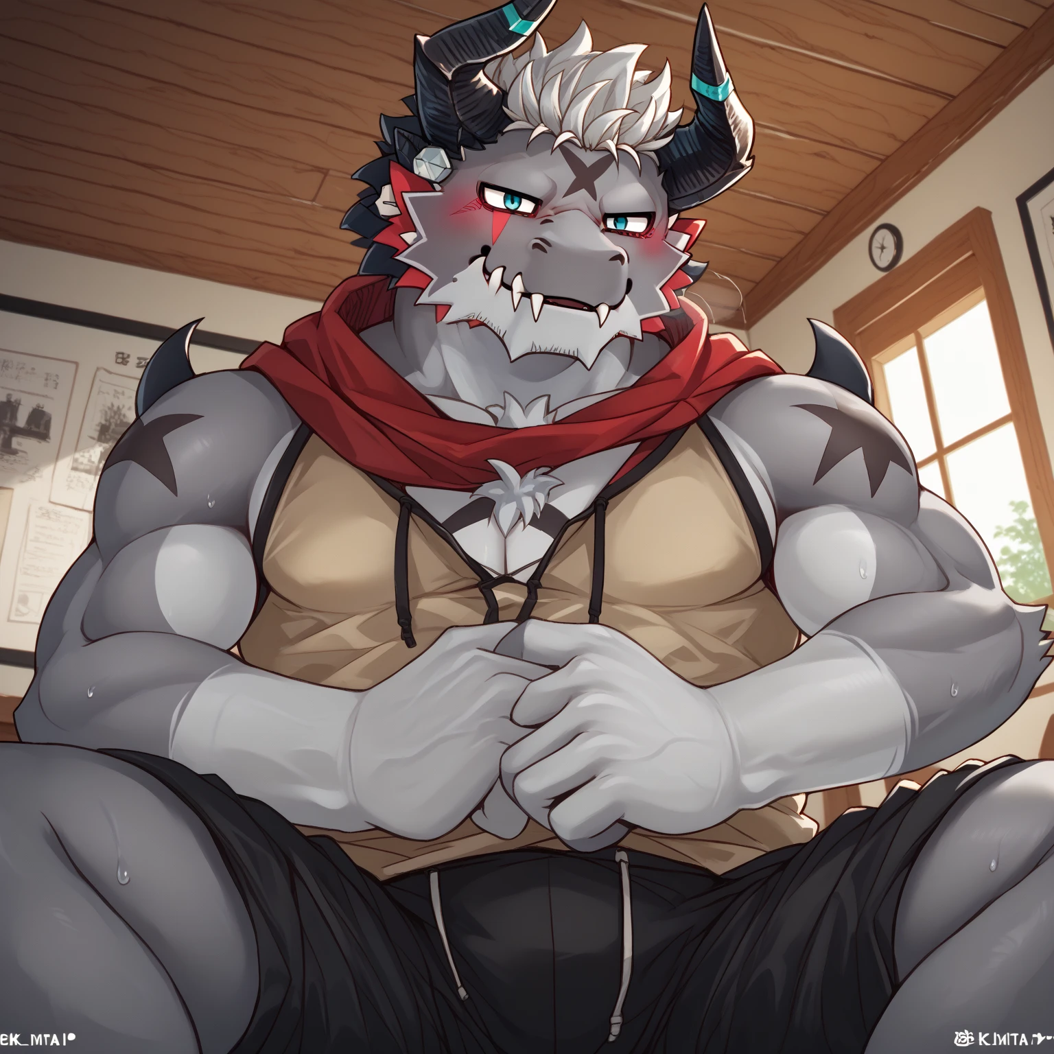 Black skinned bara dragon, very large pecs, strong physique, very muscular, perfect anatomy, masterpiece, black beard, black eyes, strong jaw, giant biceps, shark tail, great lighting, by bebebebe, by ZIXiong, by zackary911, by SligarTheTiger, by RED8EAN, solo, single character